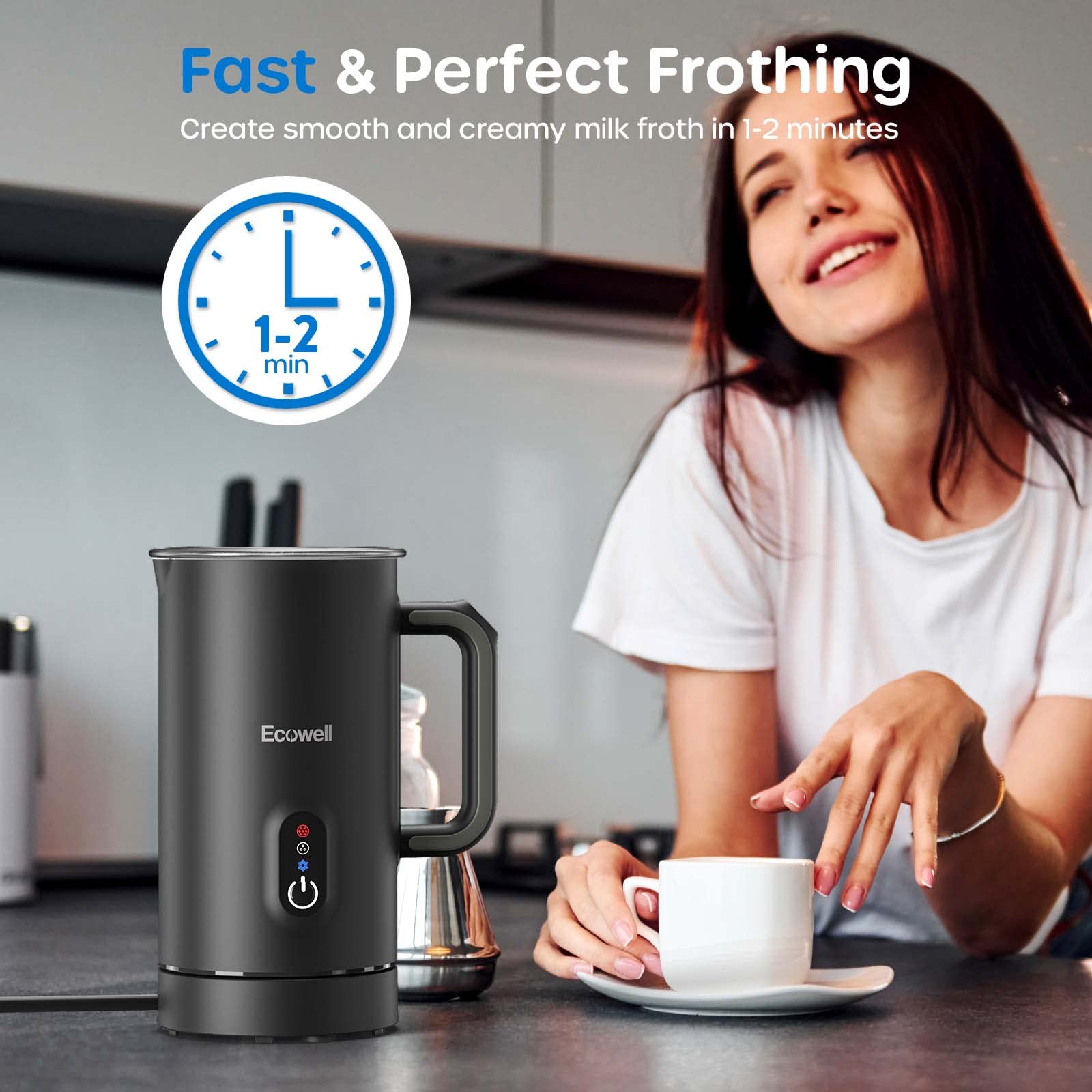 Ecowell Milk Frother And Steamer, Frother For Coffee, 8.1Oz/240Ml Coffee Frother Electric, Warm And Cold Foam Frother, Milk Stea