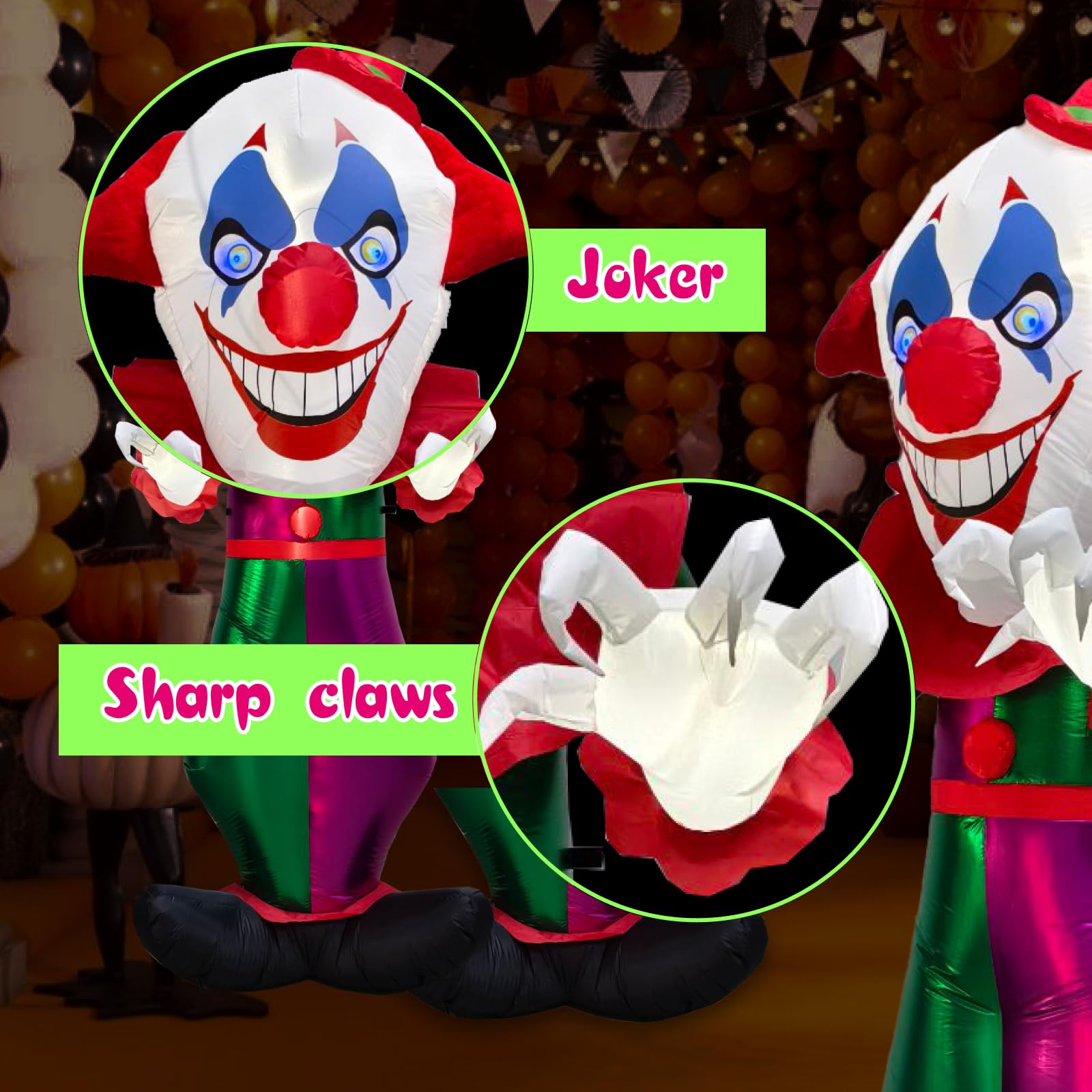 ZOOMATOOE 8 FT Halloween Inflatables Clown Outdoor Decorations, Halloween Blow Up Clown with Creepy Smile Built-in LED Lights or