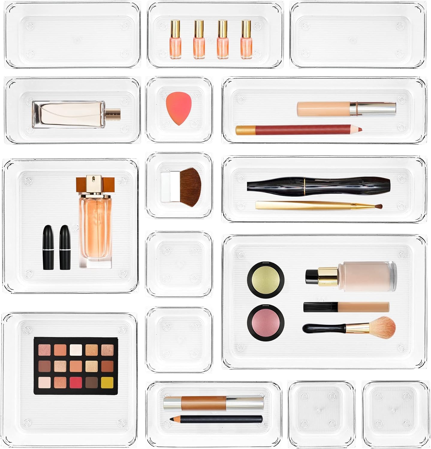 Zollyss Bathroom Drawer Tray Dividers Plastic Vanity Organizers Storage Bins for Makeup Dresser Tray, Clear (21 Pcs)