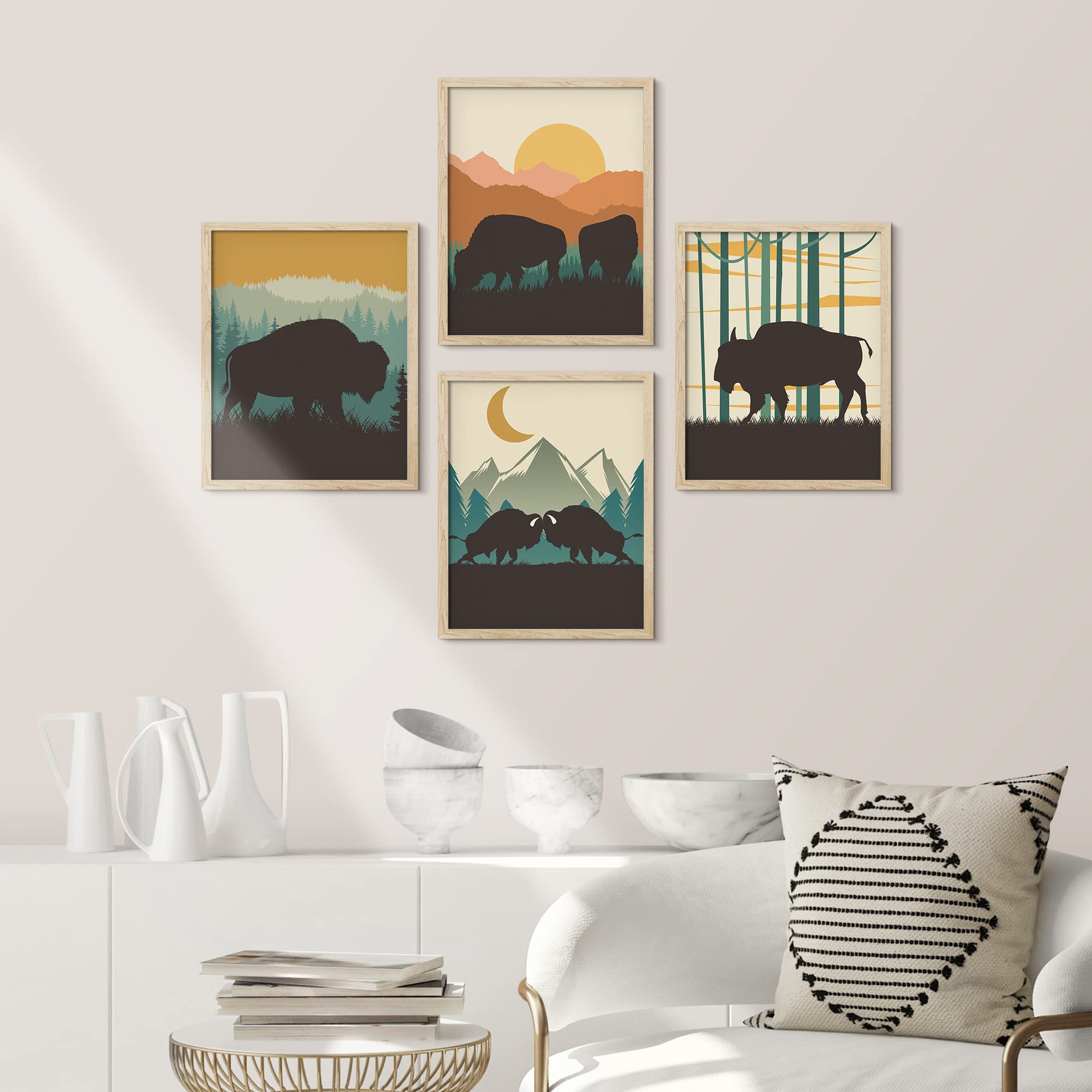 Signwin Framed Country Farmhouse Vibrant Bison Wall Art, Set Of 4 Silhouette Animals Wall Decor Prints, Wilderness Nature Wall D