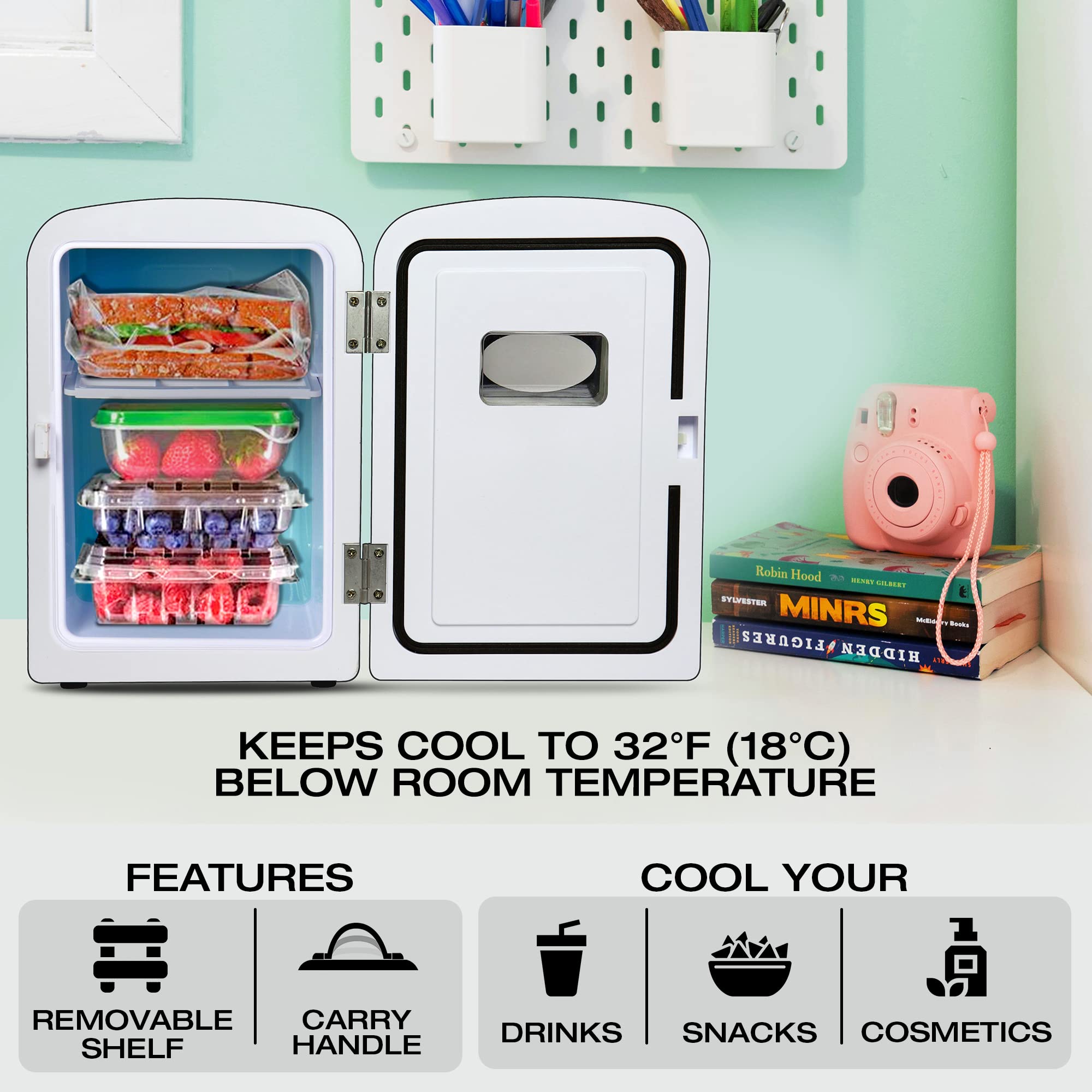 Koolatron Retro Mini Portable Fridge, 4L Compact Refrigerator For Skincare, Beauty Serum, Face Mask, Personal Cooler, Includes 1