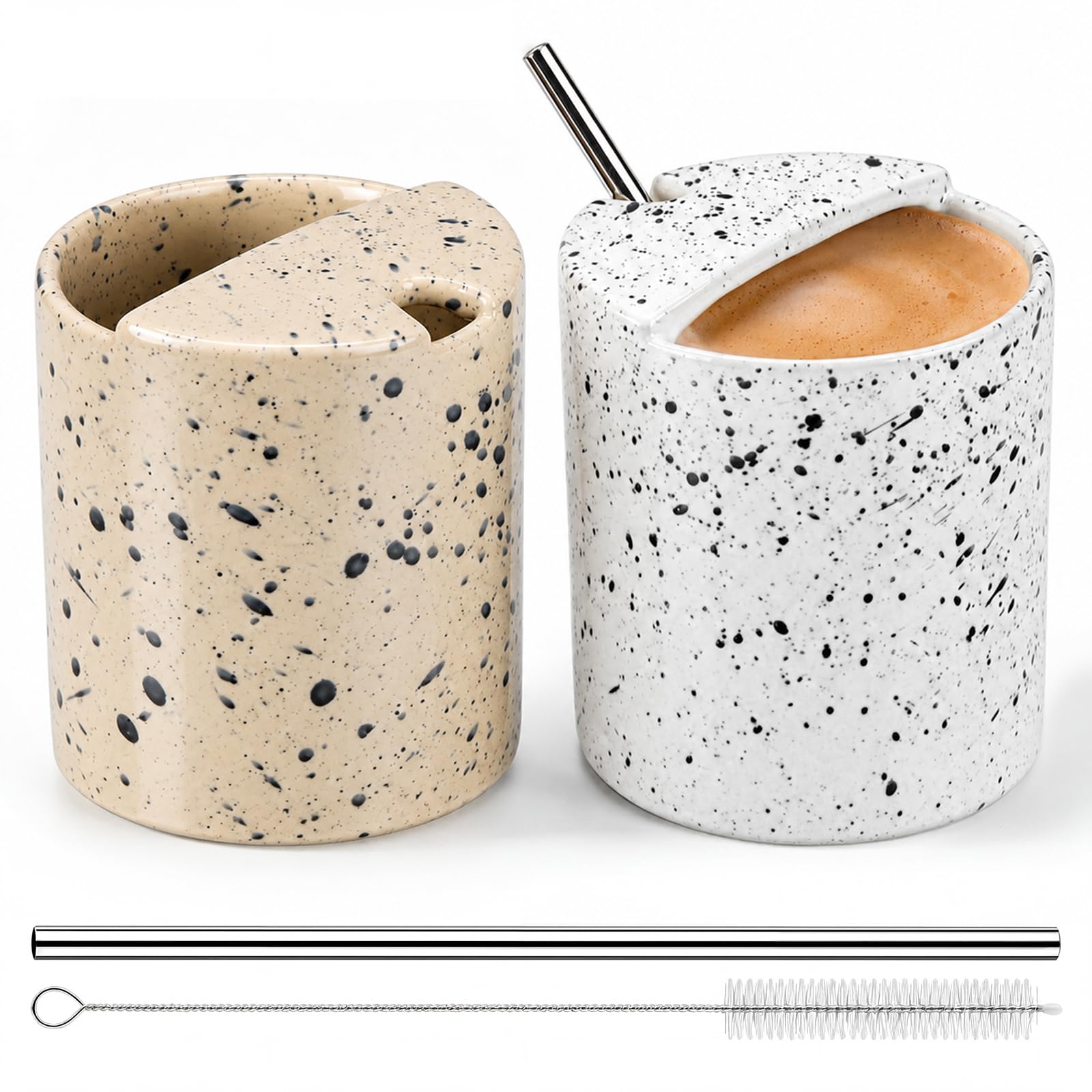 Ferrochef 2 Pack Speckled Ceramic Coffee Mug with Sip Hole, 16 oz Stoneware Travel Cups with Straws and Cleaning Brushes, for Ki
