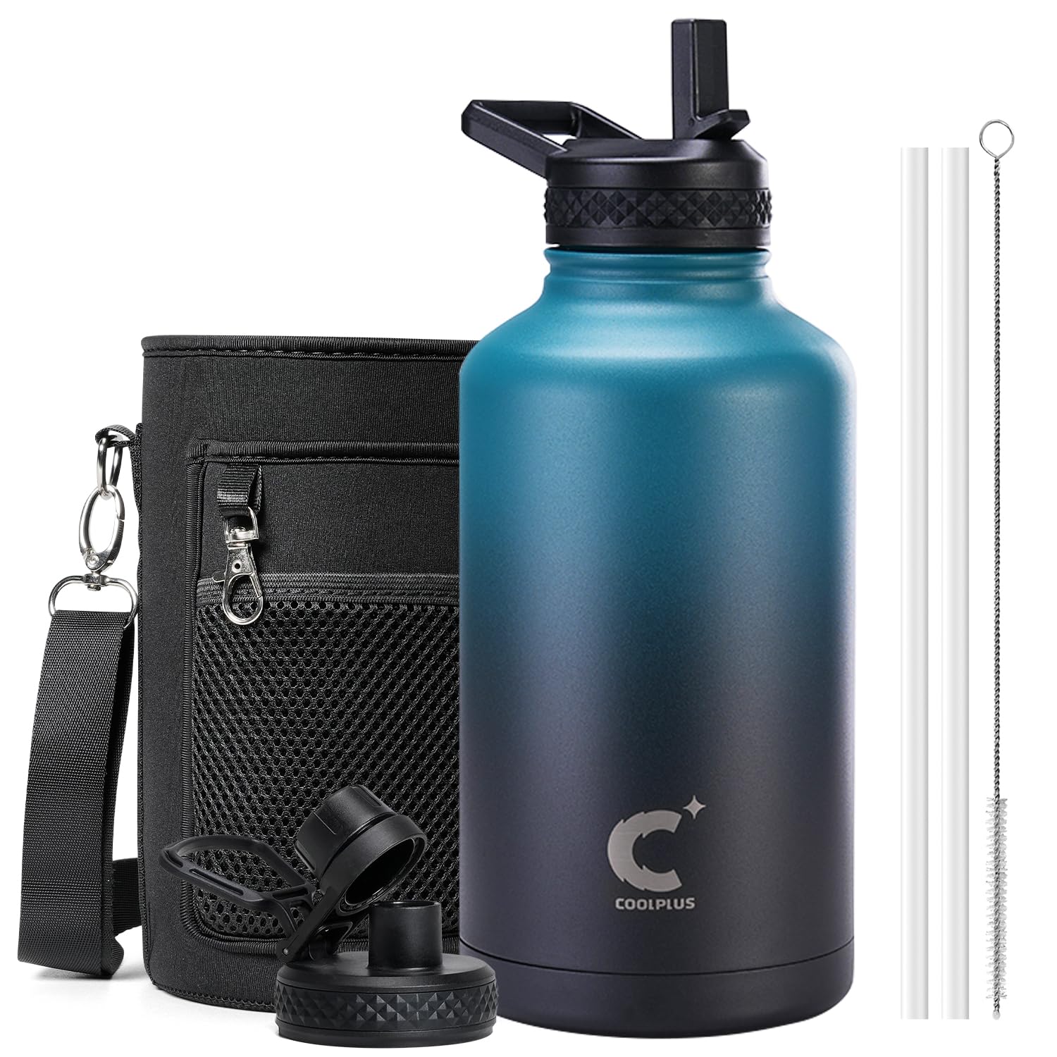 Coolplus 64 oz Water Bottle with Straw&Spout Lid, Insulated Half Gallon Water Jug 18/8 304 Stainless Steel DoubleWalled Vacuum 