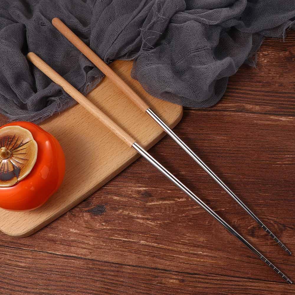 2 Pair Natural Beech Wood Sushi Chopsticks, 15 Inch Non-Slip Stainless Steel Chopsticks, Extra Long Noodle Hot Pot Chopstick Chi