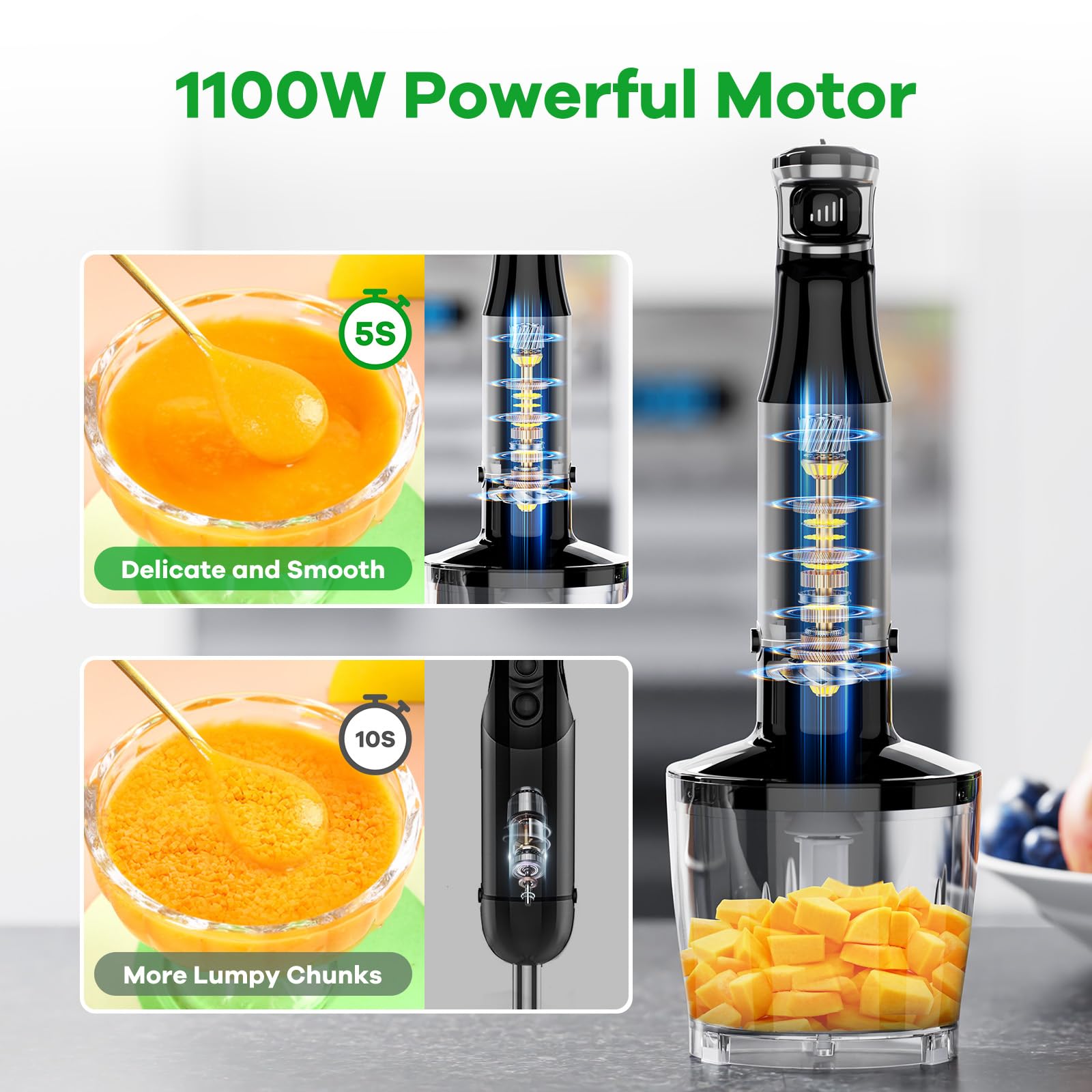 Turelar Immersion Blender 1100W Handheld Stick Blender with Chopper, Whisk & Frother, Silver, Model 8808-HB02