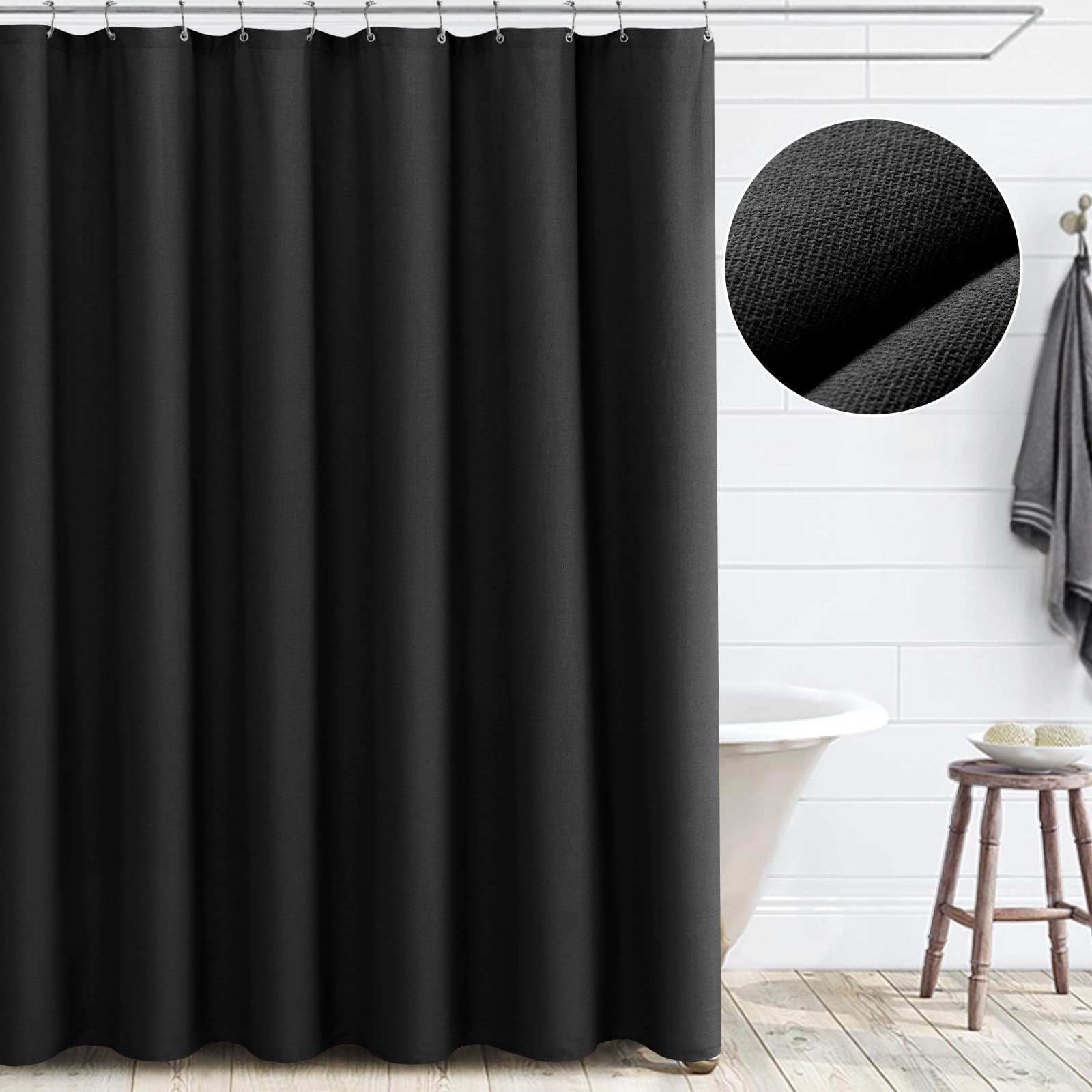 Awellife Black Linen Shower Curtain For Bathroom Natural Cotton Cloth Fabric Farmhouse Boho Shower Curtain With 12 Durable Hooks