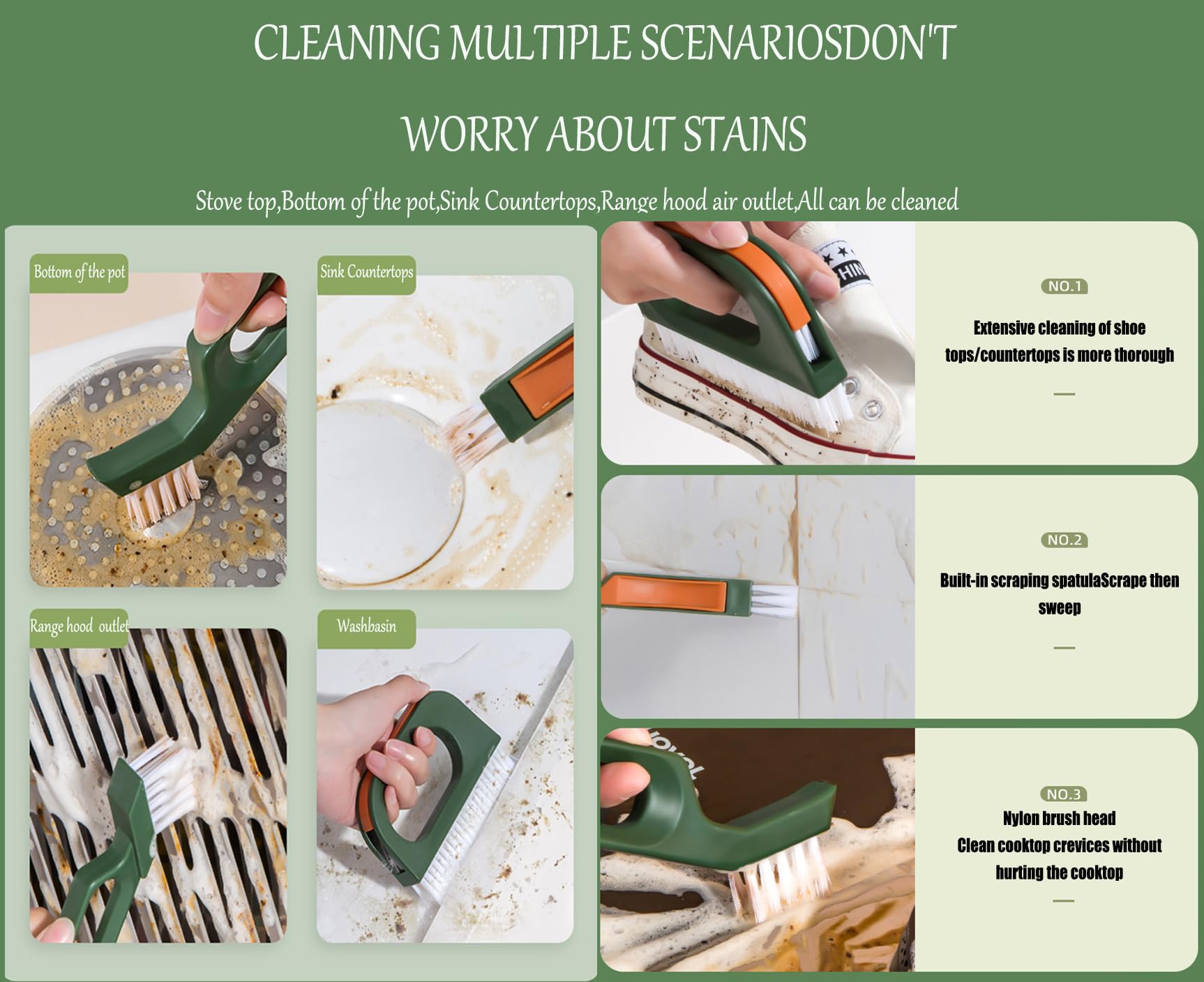 Kitchen Scrub Brush Set With Ergonomic Handle, Deep Cleaning Brushes With Hanging Hole, Include Dish Brush, Grout Brush, Groove
