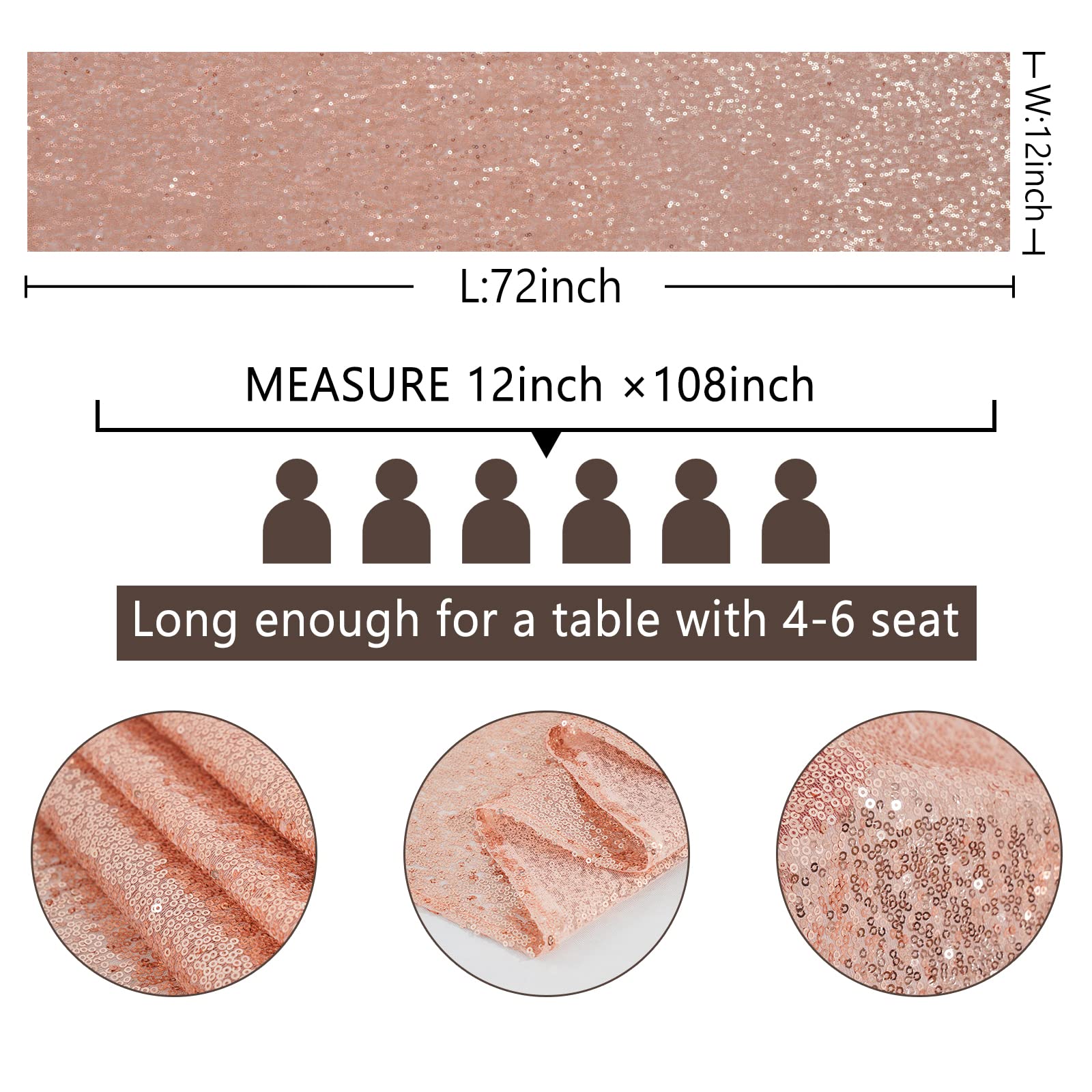 Trlyc Sequin Table Runner - 5 Packs 12X108 Inch Rose Gold Sequin Table Runner Glitter Sparkly Elegant Rectangle Wedding Party Ch