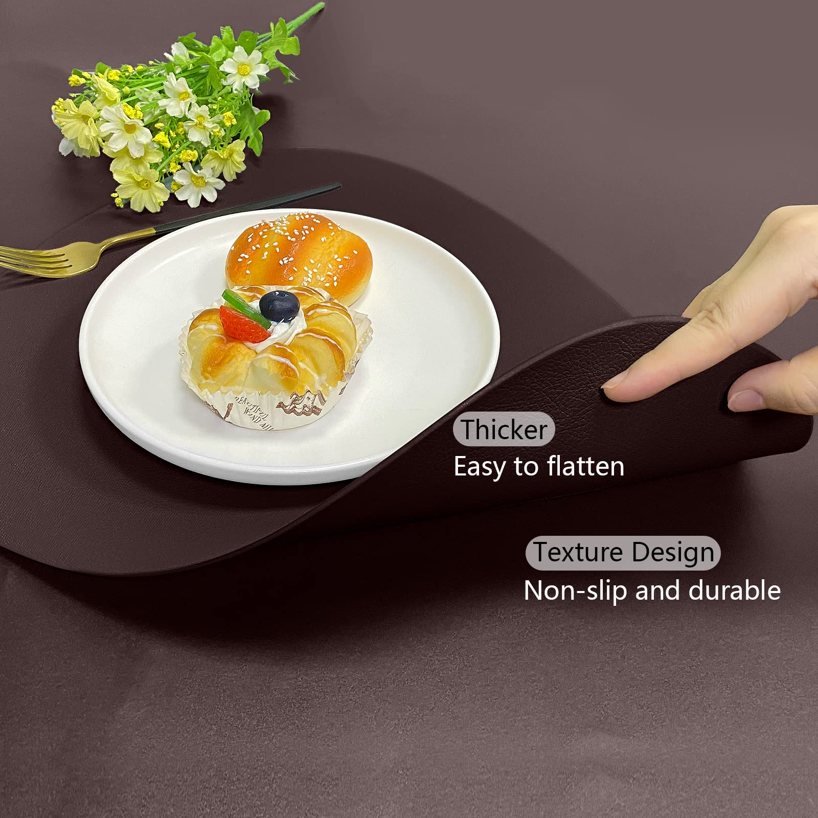 Herda Brown Placemats Set Of 6 Round Faux Leather Non-Slip Place Mats Wipeable Washable Placemats Heat Resist Placemats For Roun
