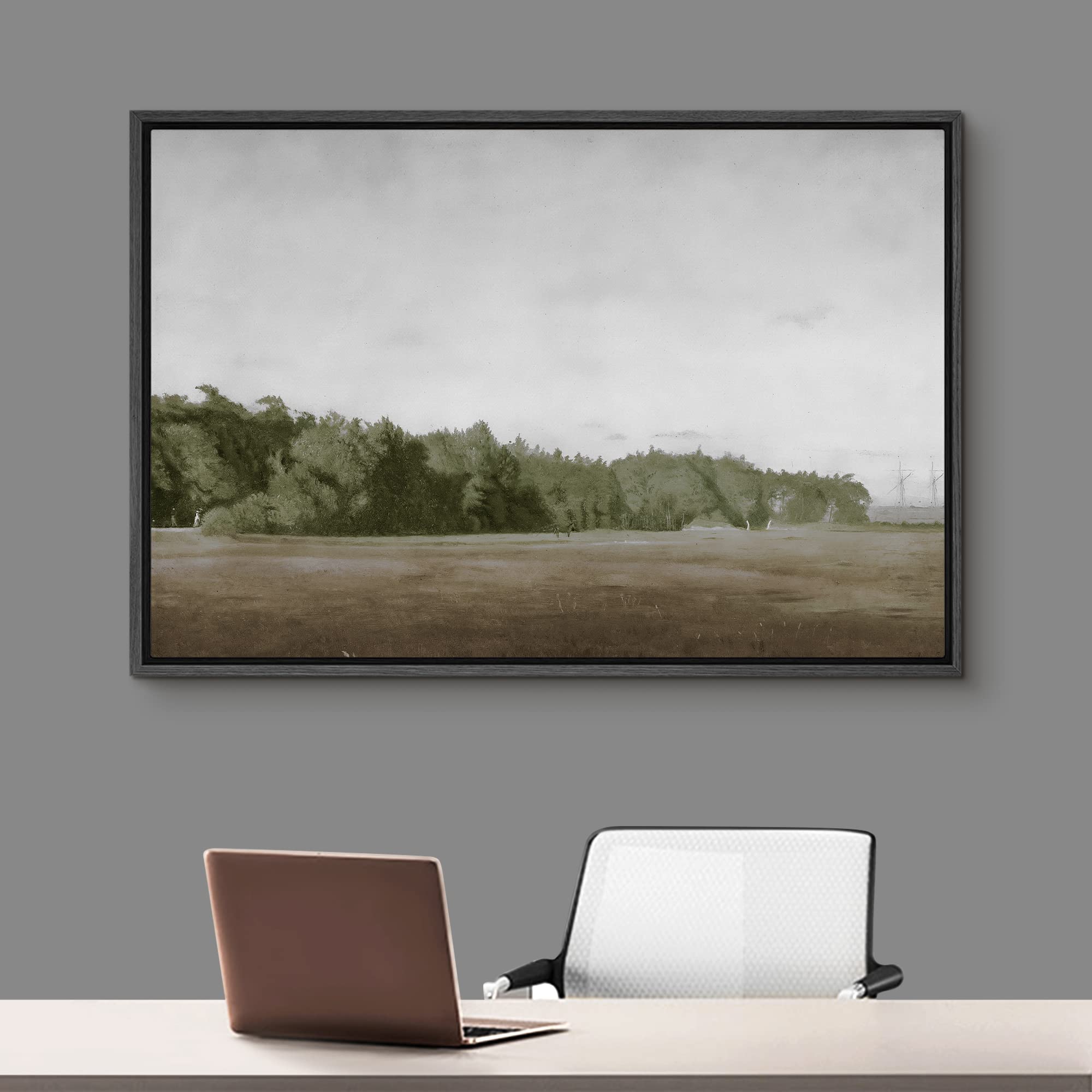 Signford Framed Canvas Wall Art Brown Meadow With Green Forest Landscape Wilderness Oil Painting Impressionism Traditional Sceni