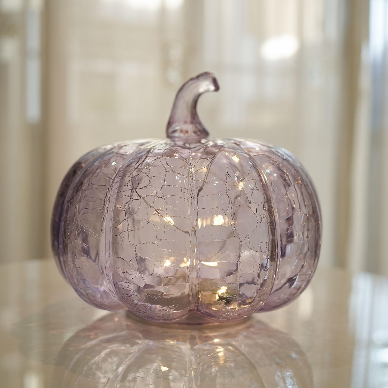 hvfun Handcrafted Lavender Crackle Glass Pumpkin Light, LED Battery Operated Table D  cor with 6H Timer, Twinkle & Steady Modes,