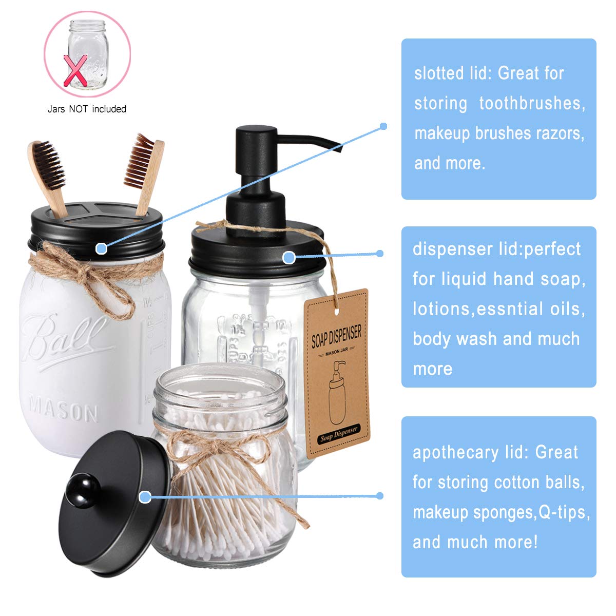 Komashr Mason Jar Bathroom Accessories Lids Set(4Pcs) - Jars Not Included - Soap Dispenser,Toothbrush Holder, Apothecary Jars Li