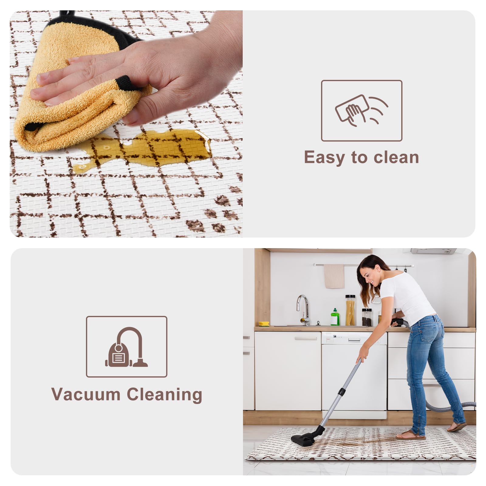 KIMODE Anti Fatigue Kitchen Mats 2PCS, Cushioned PVC Rugs 17"x59" + 17"x29", Non-Slip Waterproof, Brown and White