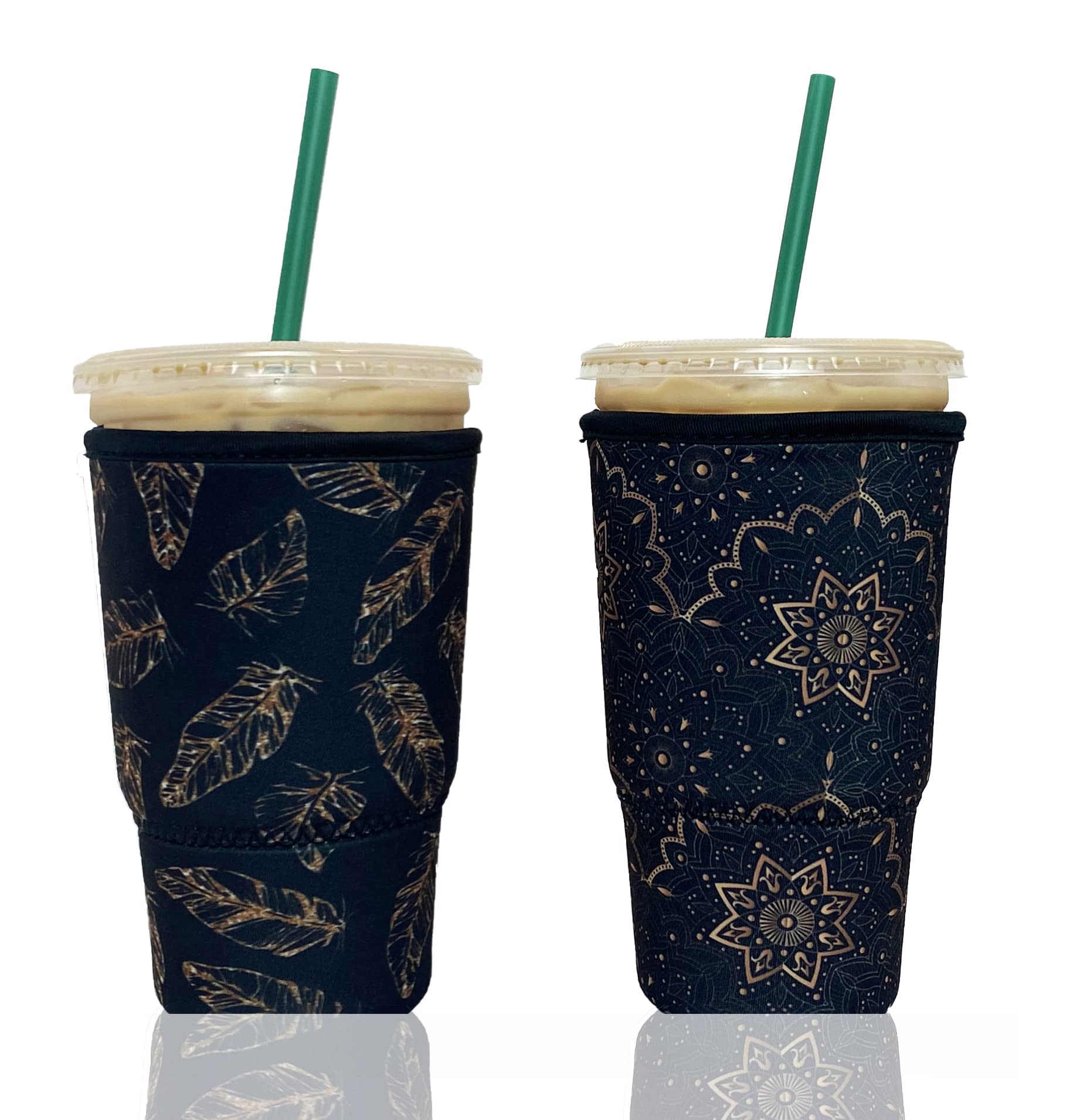 Baxendale And Co Reusable Neoprene Insulator Sleeves For Large Sized Iced Coffee And Cold Drink Cups (2 Pk Large 32Oz, Gold/Blac