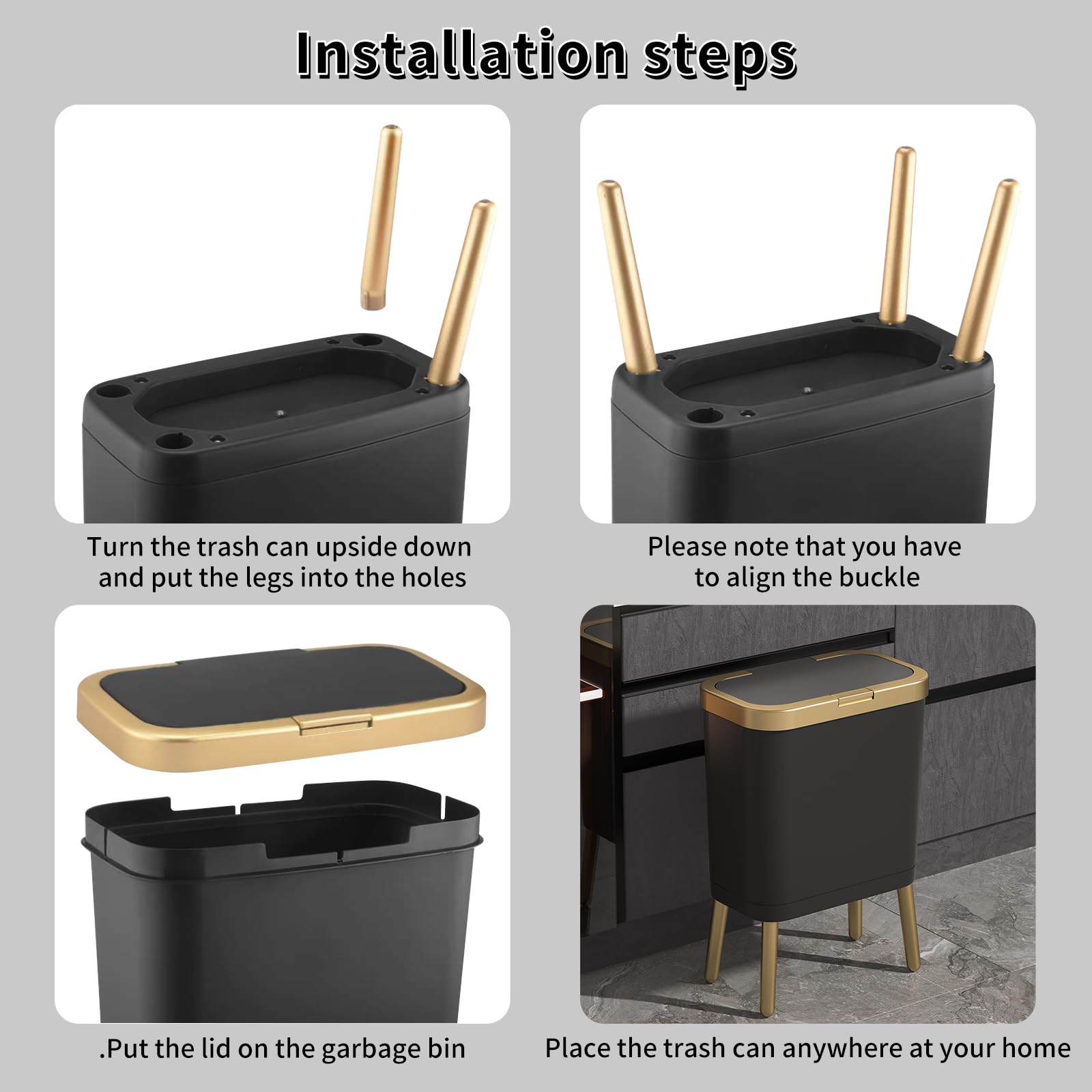 Procade Office Trash Can With Lid, Black Bathroom Trash Can With Gold Edge, Modern Narrow Garbage Can With Legs, Slim Plastic Tr