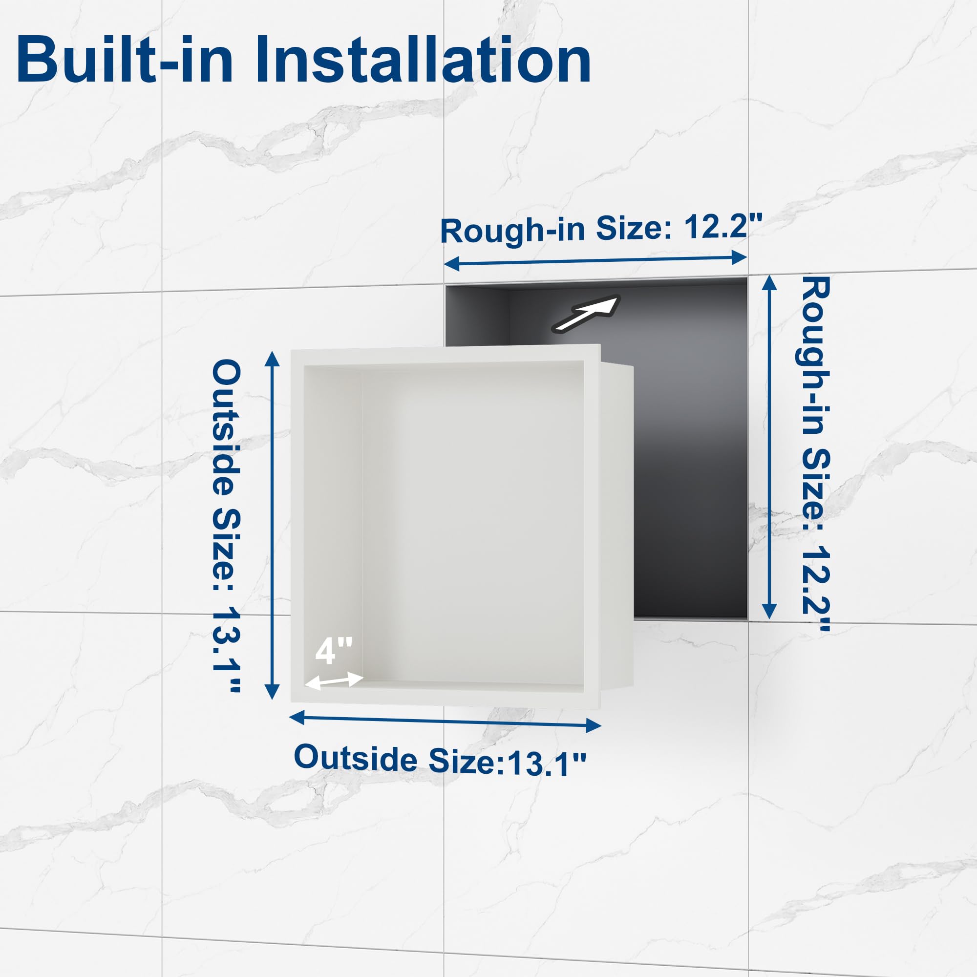 Neodrain White Shower Niche, Insert Storage Shower Shelf (Outside Size 13.1   X13.1)(Inner Size 12'' X 12''), Stainless Steel Wa