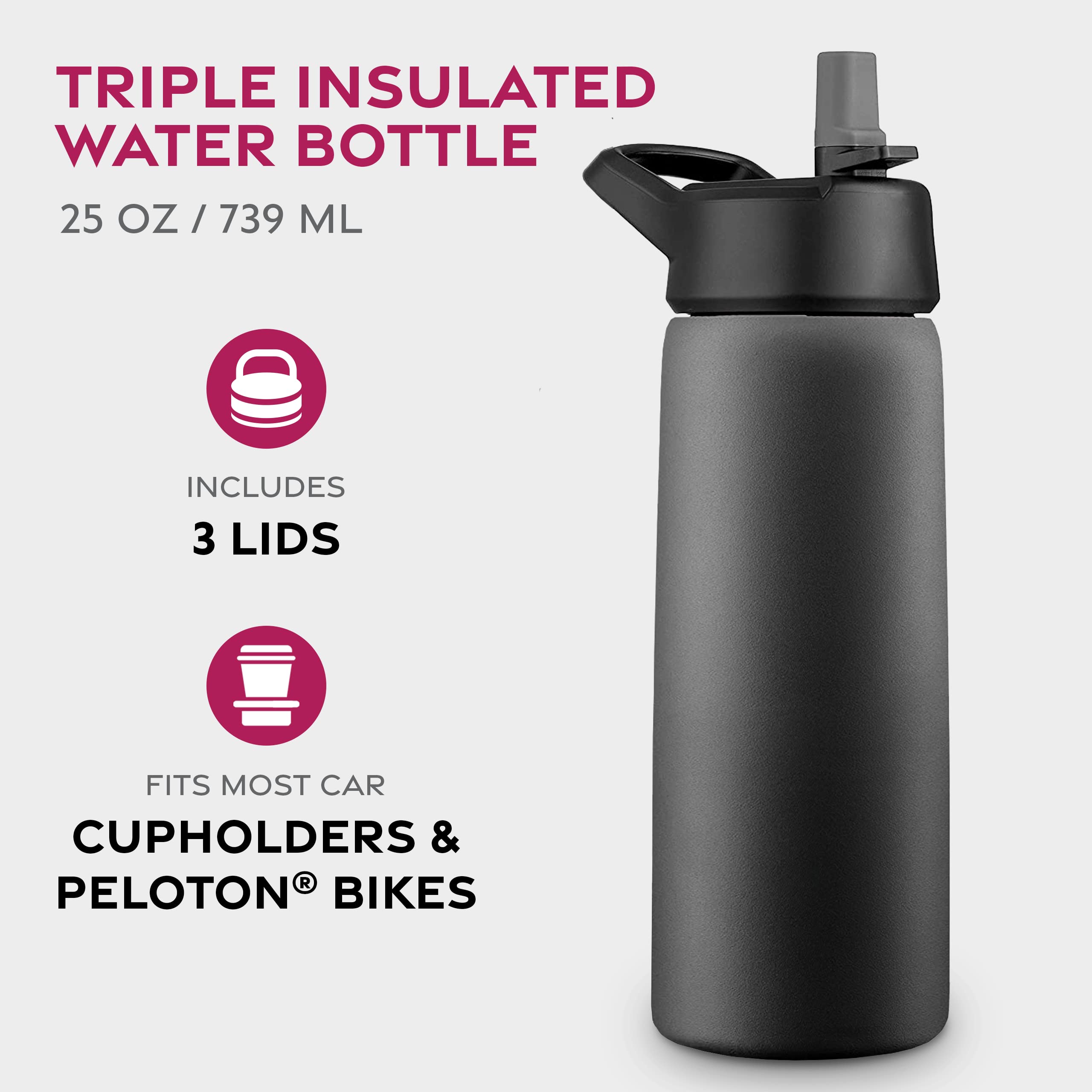FineDine 25 Oz Insulated Water Bottle with Straw - Triple Walled Stainless Steel Metal Bottle W/ 3 Leak Proof Lids - For Travel,