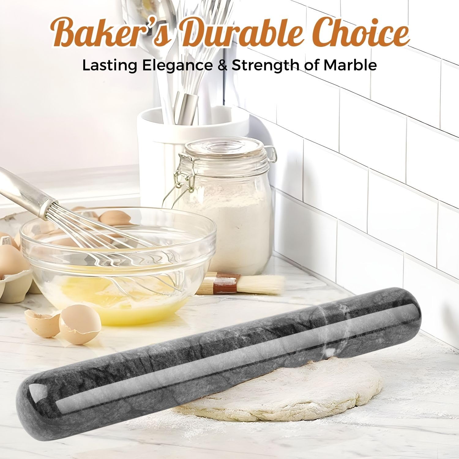 Flexzion French Rolling Pin, 12 Inch Black Marble Rolling Pins For Baking With Wooden Base Holder Stand - Non-Stick Baking Rolle