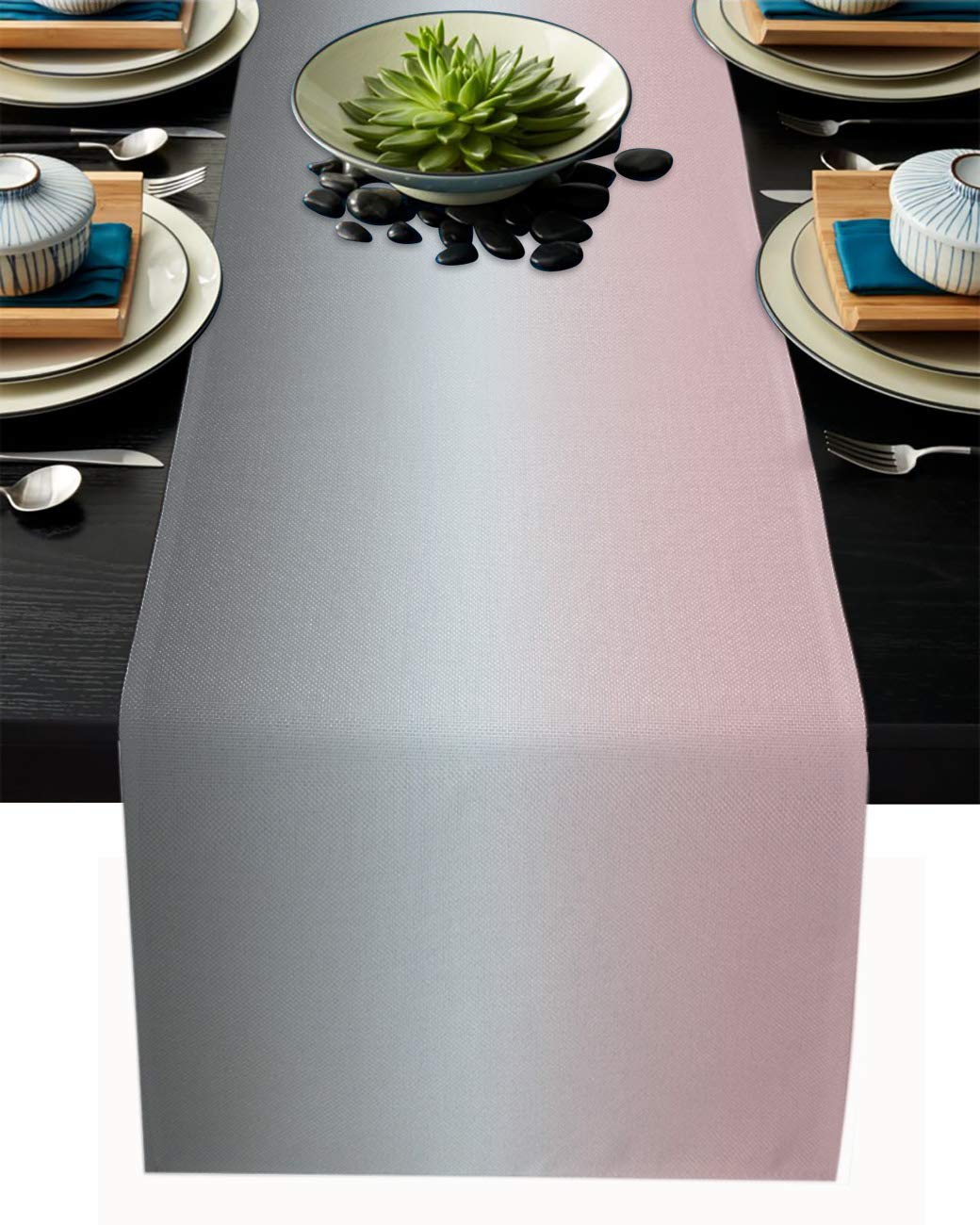 Leohome Ombre Cotton Linen Rectangle Table Runners 13''X36'', Gradient Pink And Grey Luxury Table Runners For Wedding Party Banq