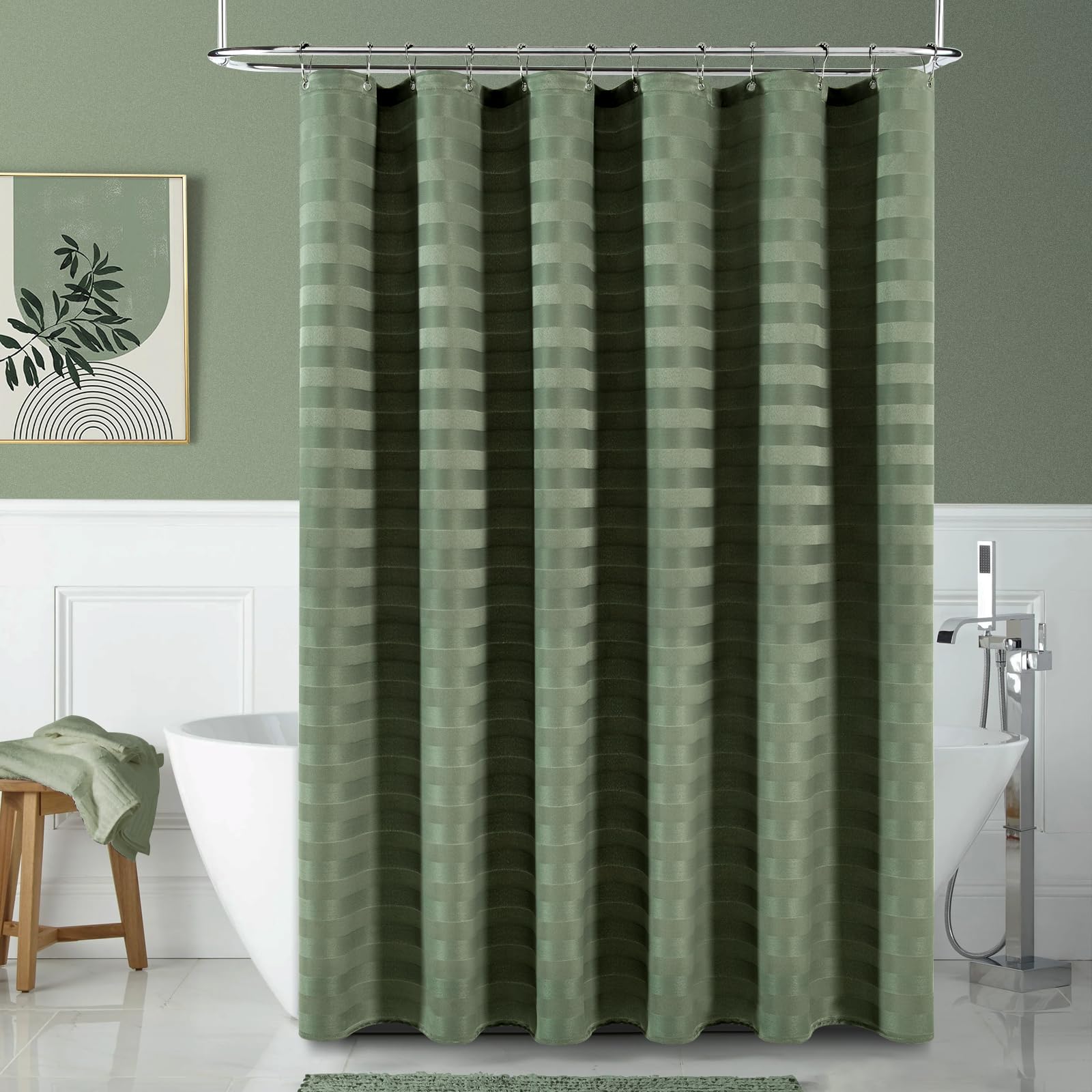 Pangsinne 60 Inch Striped Shower Curtain - Heavy Duty Thick Fabric Green Shower Curtains For Bathroom, Weighted Hotel Spa Luxury