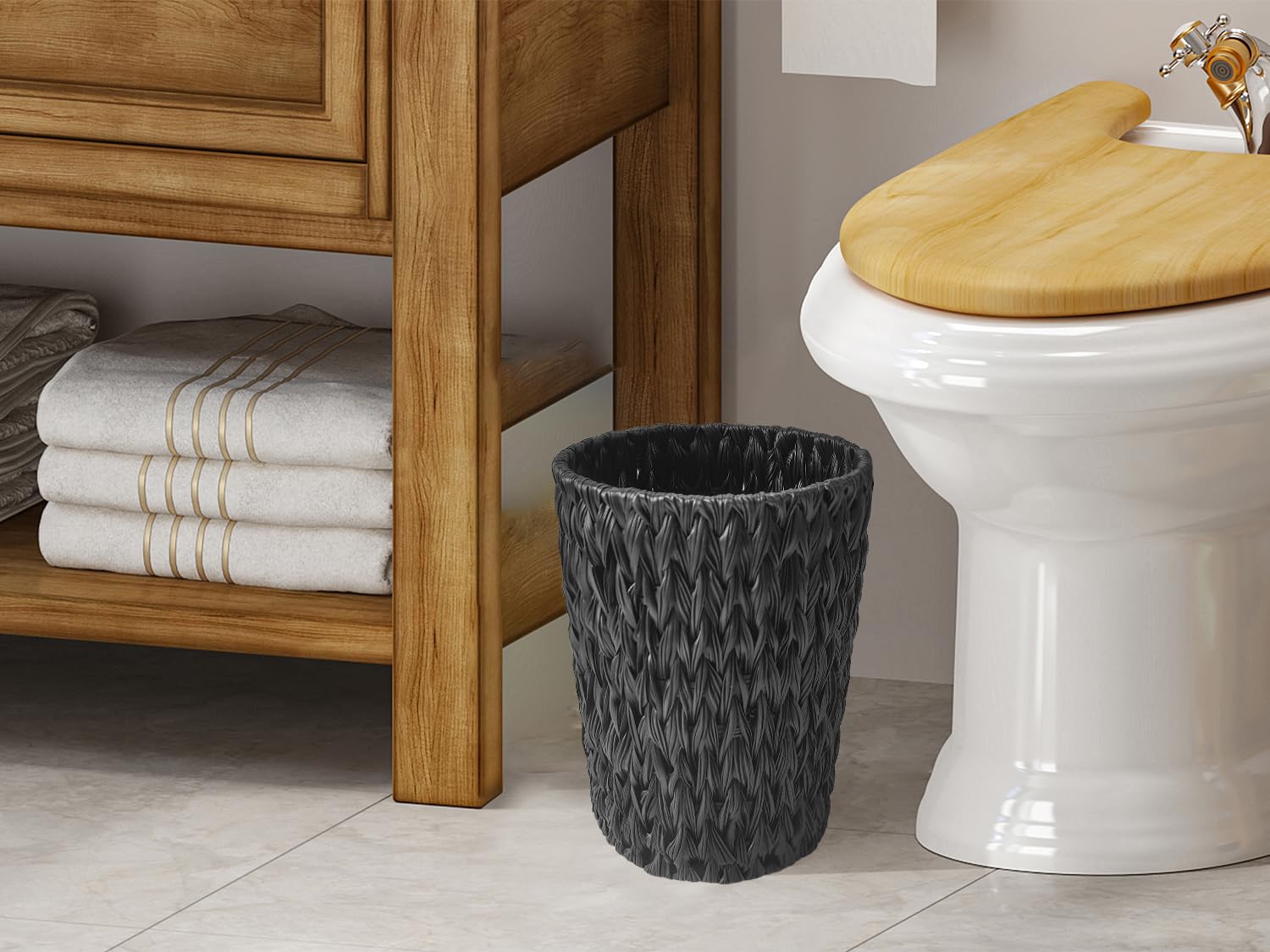 Coeusy Wicker Trash Can,Small Trash Can,Handwoven Waterproof Wicker Trash Basket,Round Garbage Can,Compact Waste Basket For Bath