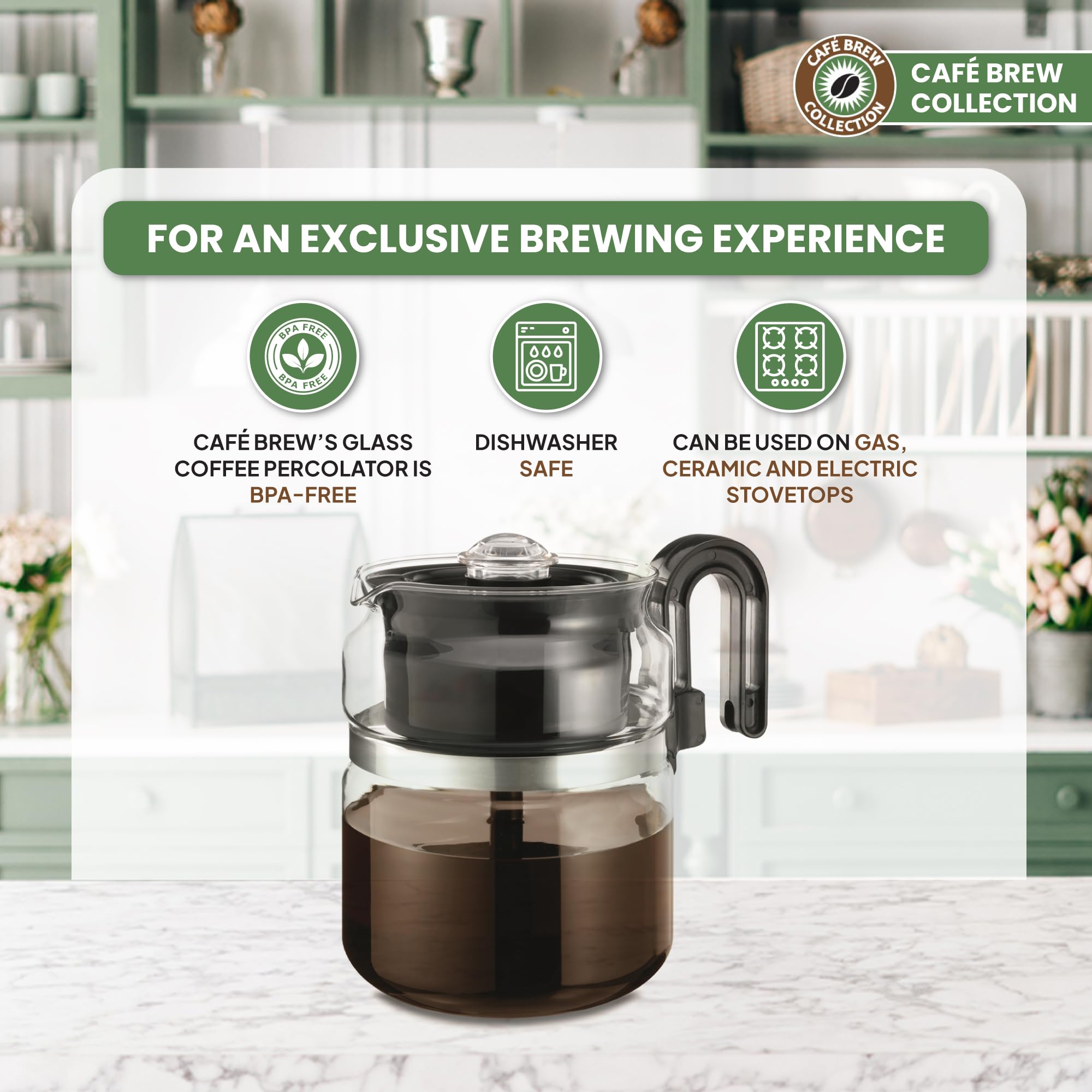 Caf   Brew Collection 8-Cup Glass Stovetop Percolator Coffee Pot - Borosilicate Glass Coffee Percolator - Bpa Free - Dishwasher
