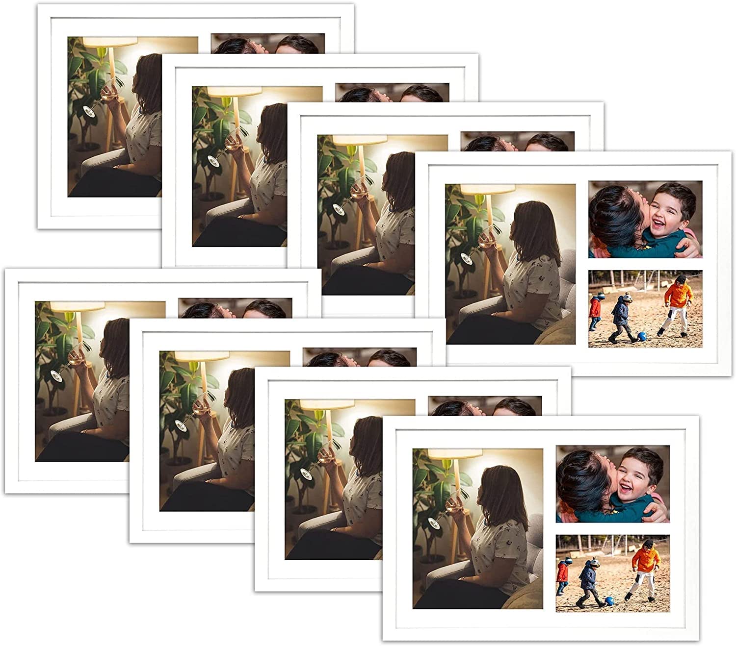 Golden State Art, Set of 8, 12x17 White Wood Picture Frame - White Mat for 8x10 And 5x7 Photos - Tempered Glass, Sawtooth Hanger