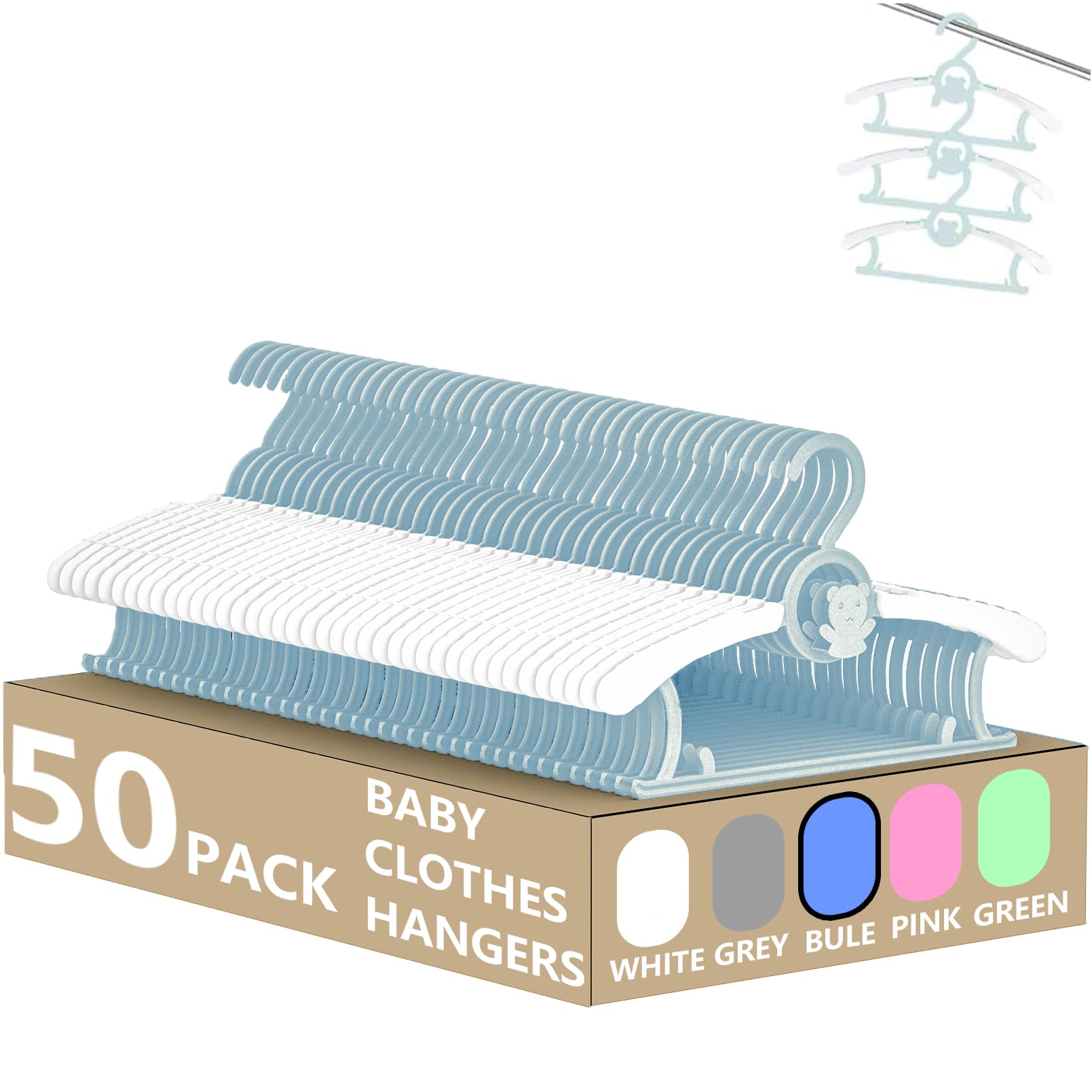 Hgyze Kid Hangers For Closet 50Pcs, Blue Infant Clothes Hanger 11-14'' Adjustable Plastic Baby Coat Hangers With Bear Hook, Non-