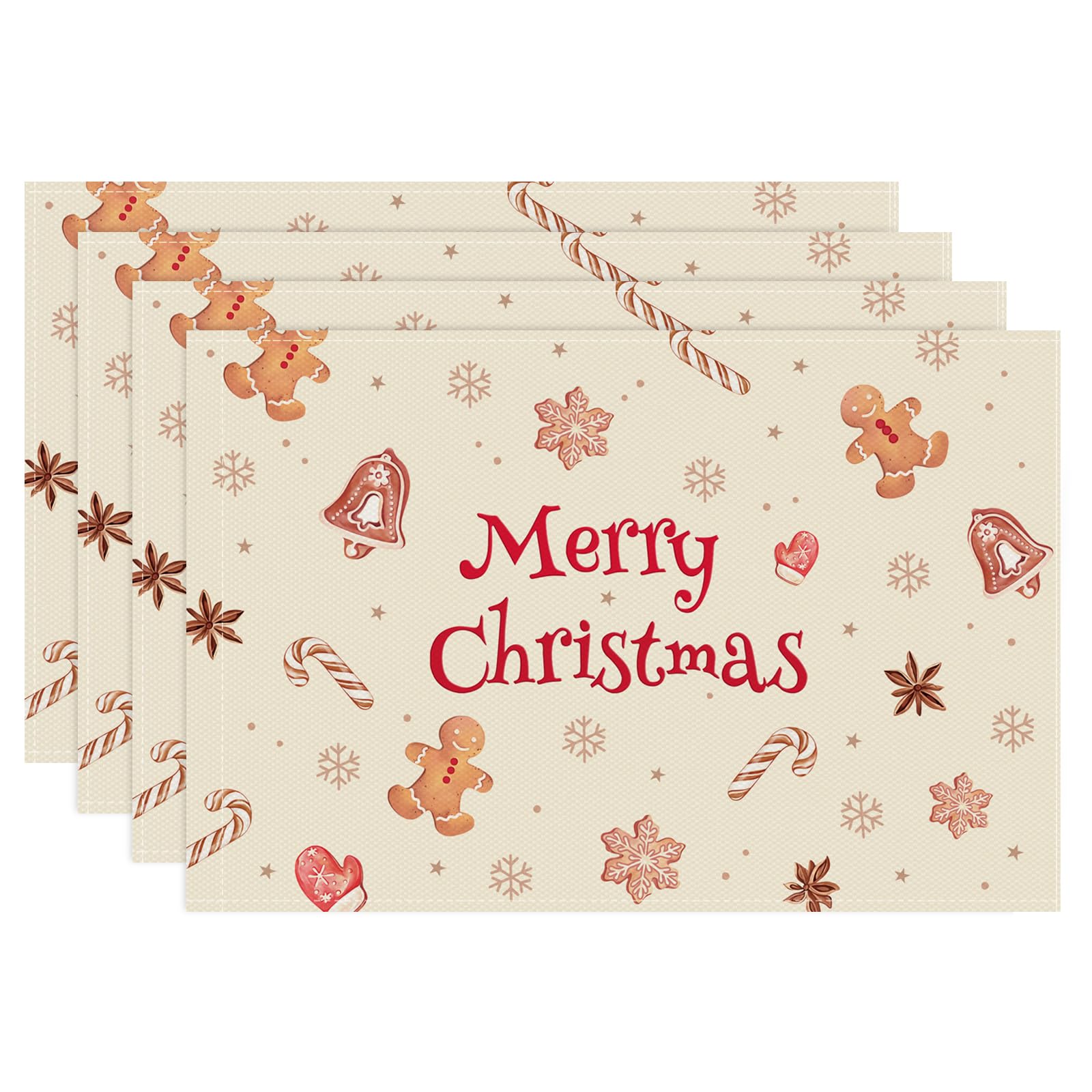 Bonhause Christmas Gingerbread Man Candy Placemats Set Of 4, 12X18 Inch Cute Gingerbread Man Kitchen Dinning Table Mats Washable