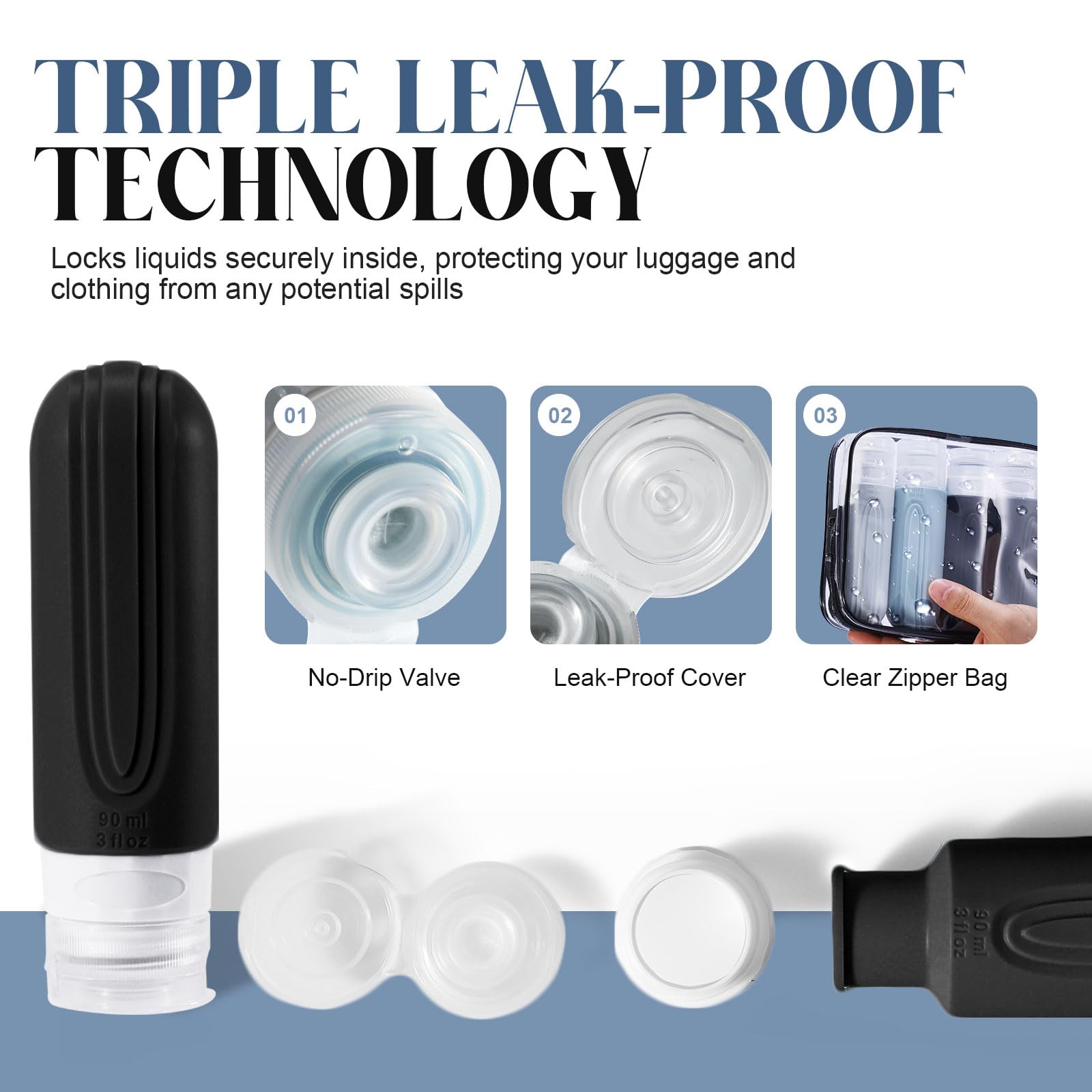 Yiimer Travel Bottles For Toiletries, 3Oz Tsa Approved Travel Size Toiletries, Silicone Leak-Proof Refillable Containers, Squeez
