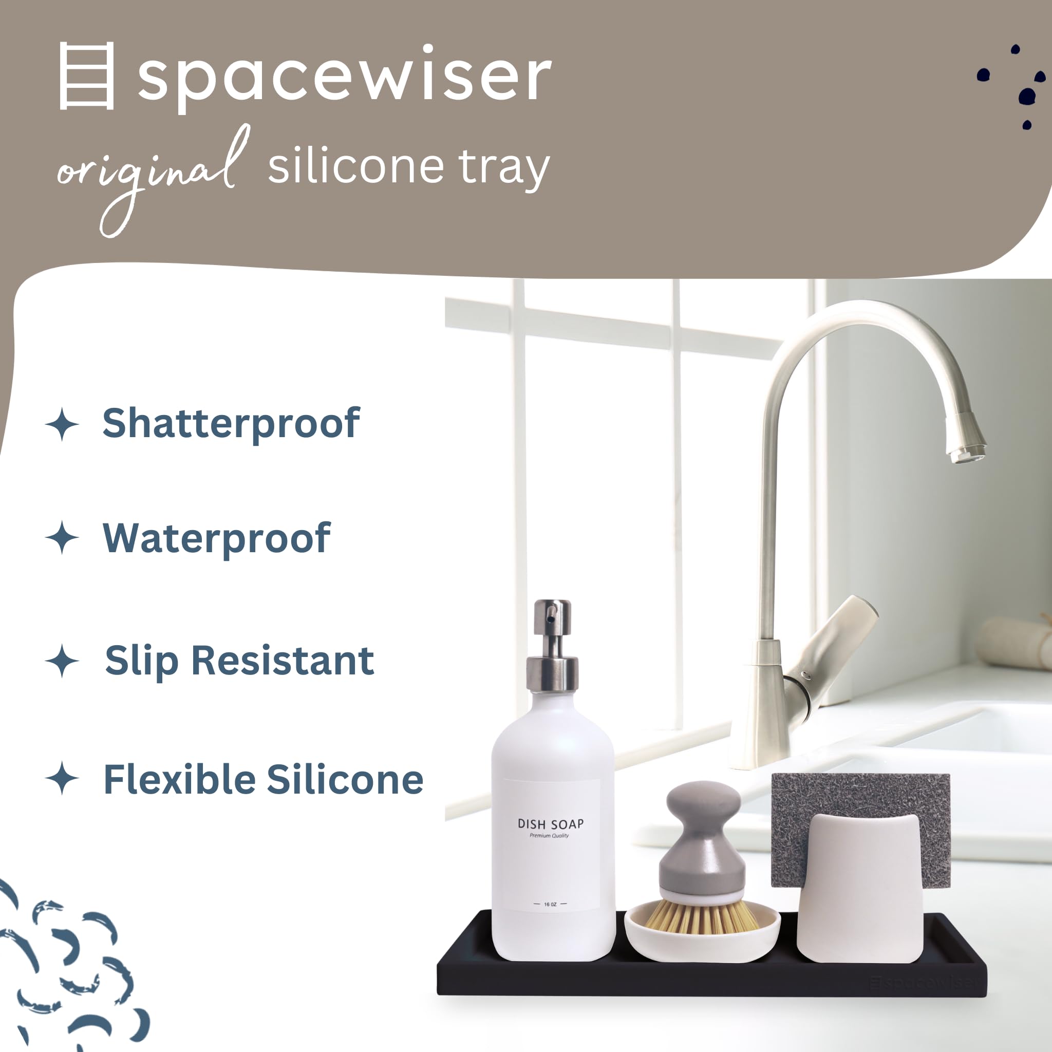 Spacewiser Countertop And Vanity Tray - 2 Pc Large 11.7'' Silicone Bathroom Counter Organizer, Dish Soap Sponge Holder Kitchen S