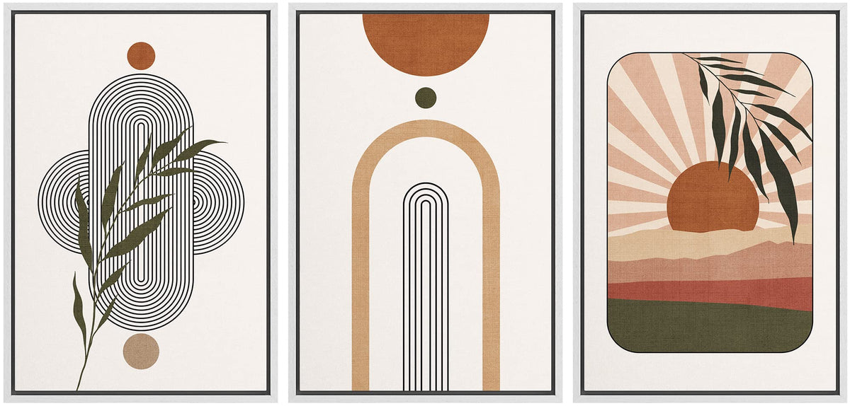 Idea4Wall Framed Canvas Print Wall Art Set Geometric Plant Shining Sun Polygon Abstract Nature Illustrations Modern Art Nordic Z