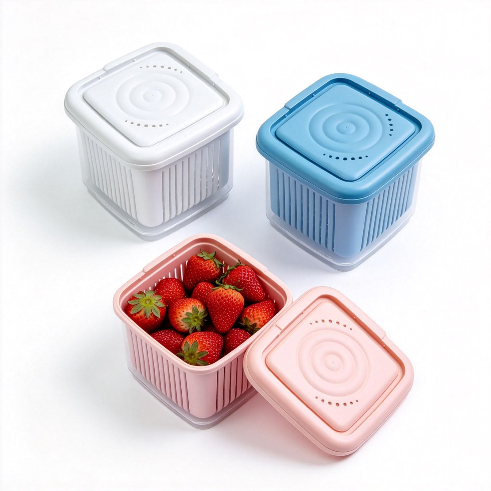 HLILai Fruit Storage Containers for Fridge with Removable Colander, Airtight Food Storage Container, Dishwasher Safe Produce Sav