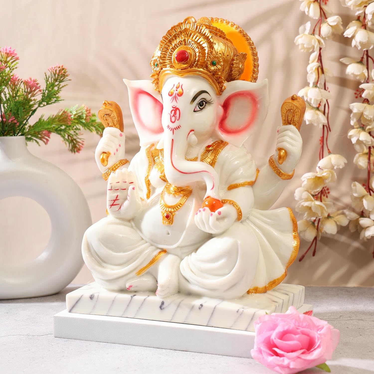Rama Collections 13 Handicraft Marble Dust Ganesha Idol, Ganpati, Vinayak, White & Golden Color Ganesh Ji Ki Murti Statue/Idol F