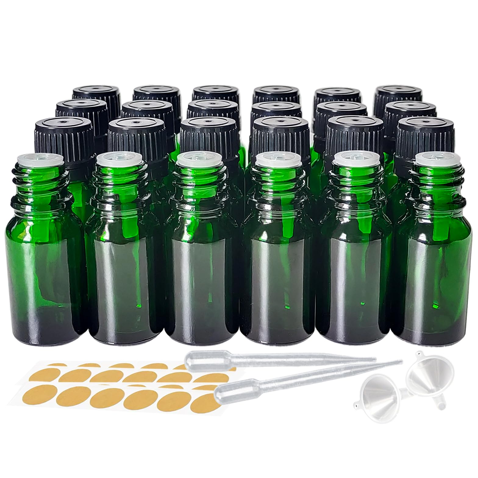 DZREVEOTA 24 Pack 10ml Green Glass Essential Oils Bottles Empty Glass Dropper Vials Sample Bottle With Orifice Reducer and lid,f