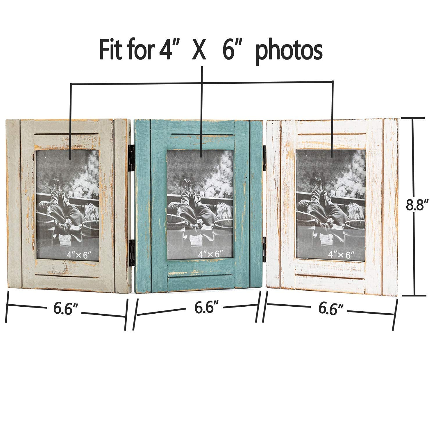 RiteSune Rustic 3 Picture Frame 4X6 Triple Hinged Distressed Photo Frame for Tabletop Display, Picture College Frame Present for