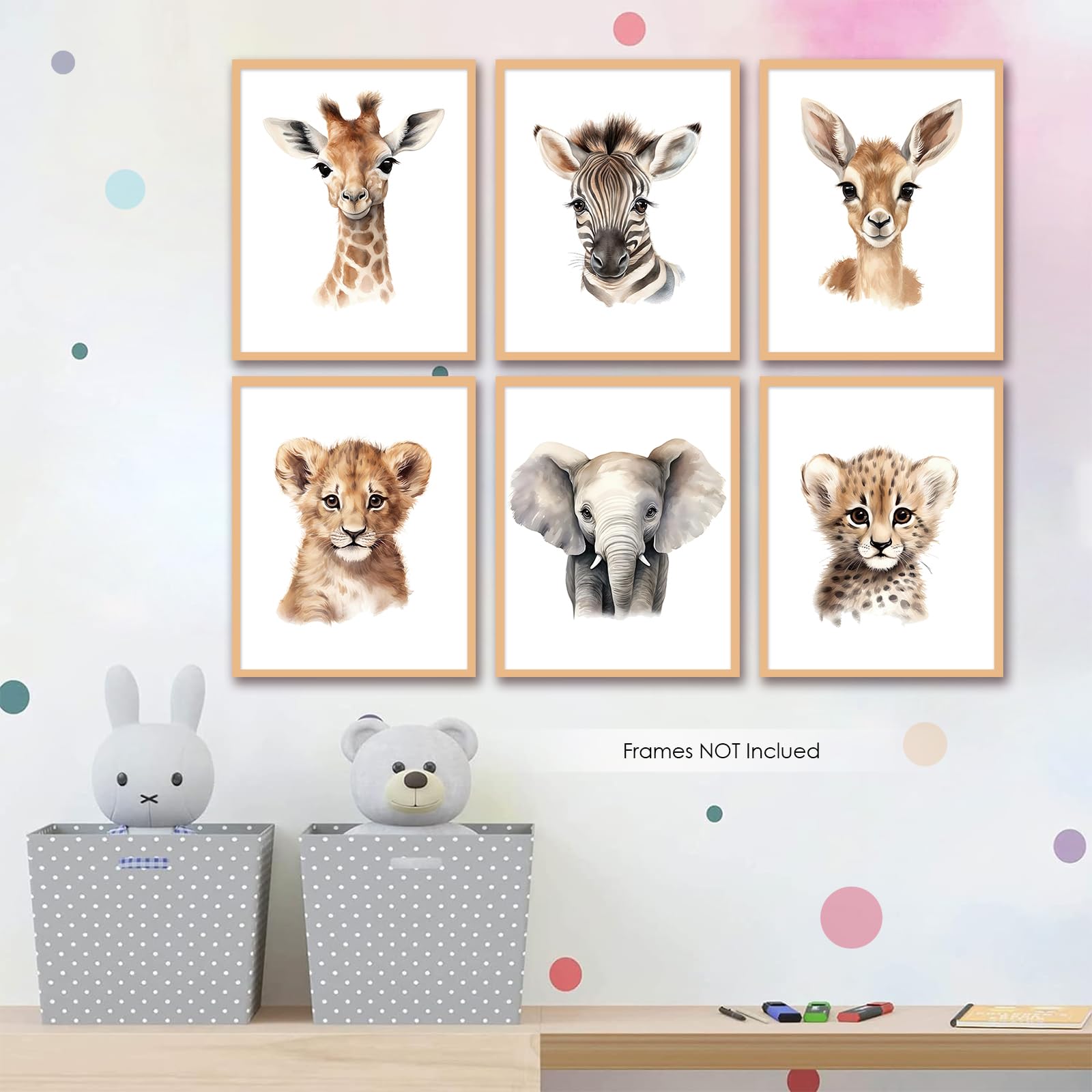 6 Pcs Cartoon Animals Wall Art Nursery Decor Cute Elephant Giraffe Leopard Zebra Deer Inspirational Wall Decor Unframed Posters
