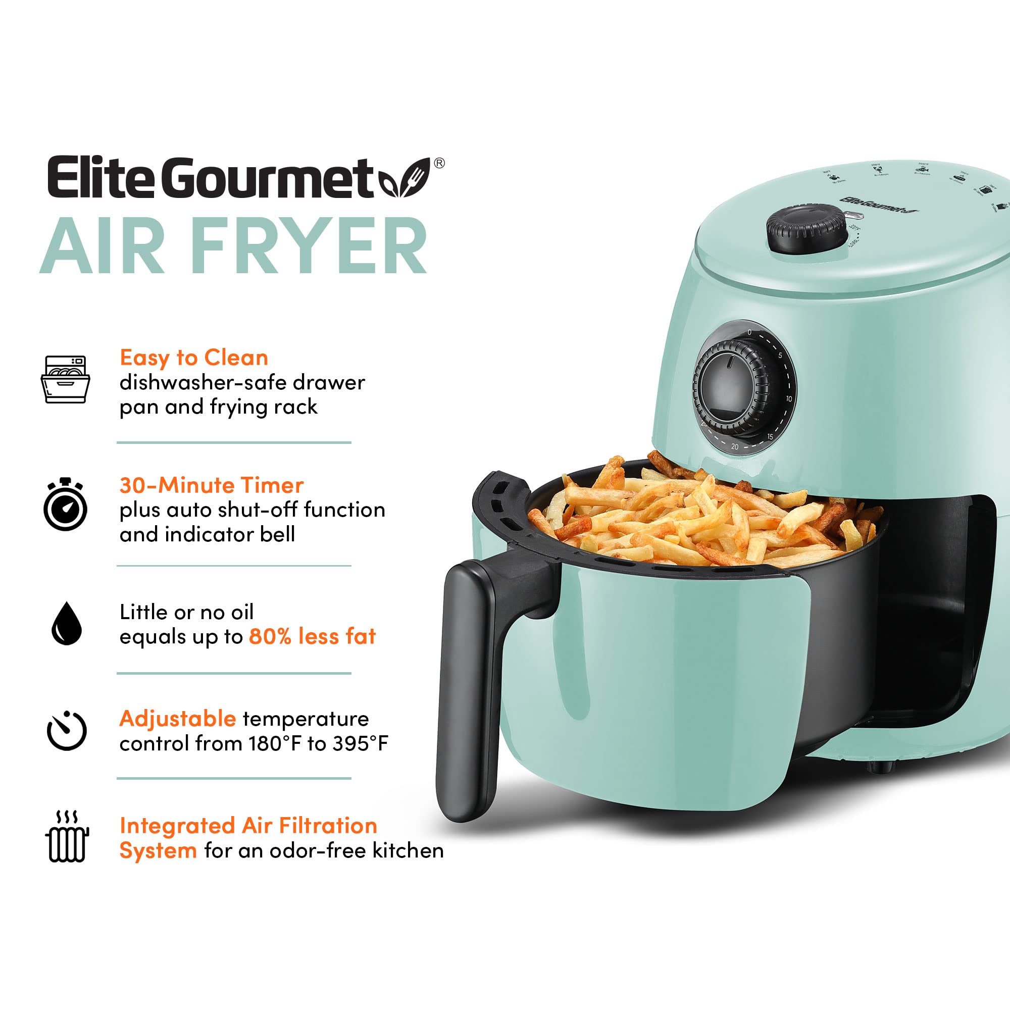 Elite Gourmet Personal Compact Electric Hot Air Fryer, 1000W, 2.1 Quart, Mint, Oil-Less Cooker with Timer & Temperature Controls