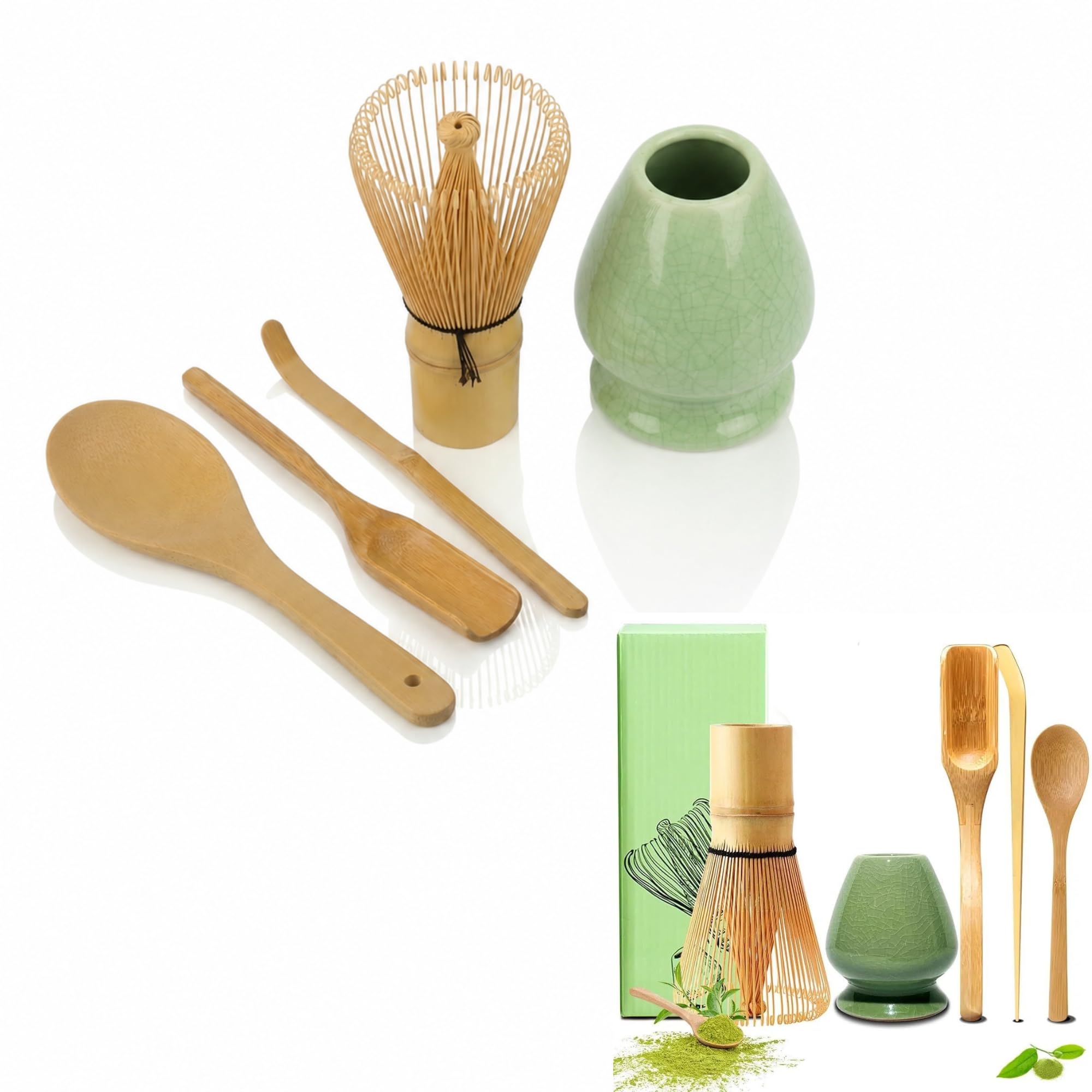 Krivtej 5Piece Traditional Bamboo Matcha Kit With Chasen Whisk, Chashaku Scoop, Ceramic Whisk Holder, Spoon & Accessories  Jap