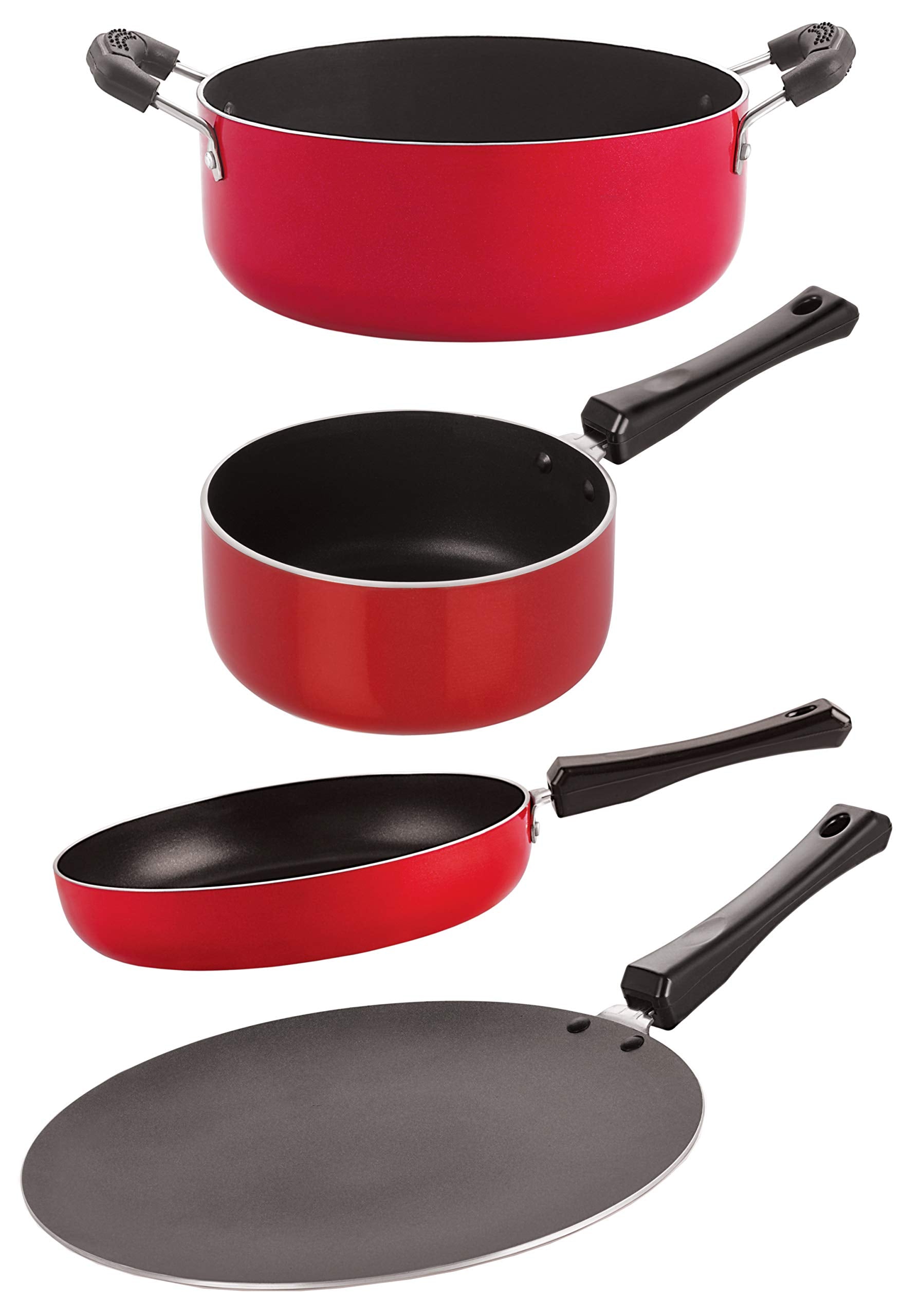 Nirlon Kitchen Non Stick Aluminium Cookware Gift Sets,4 Pieces (Red & Black) (Ct12_Fp11_Sp(B)_Cs24)