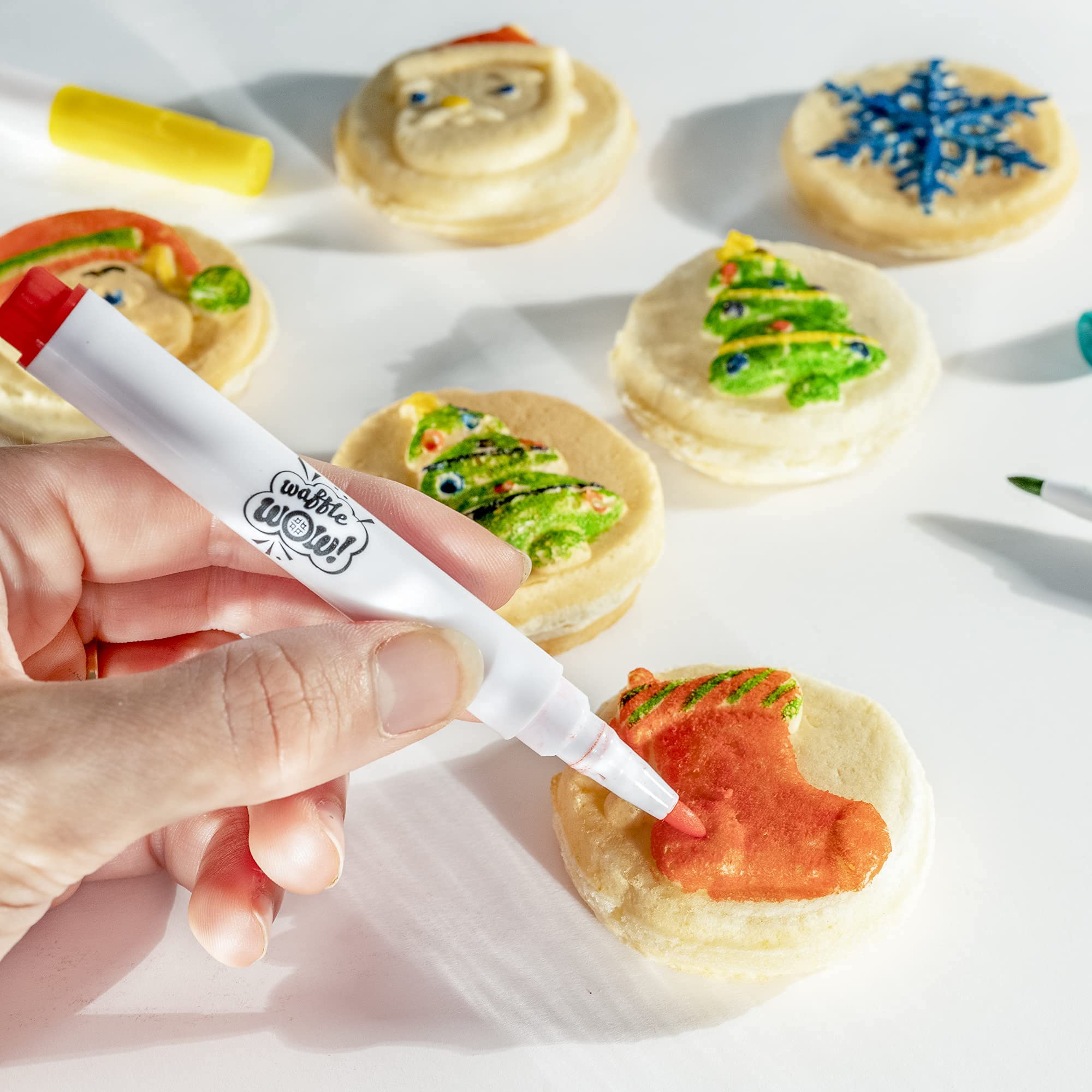 Christmas Holiday Waffle Maker W 6 Edible Food Markers- Make X-Mas Breakfast Fun W Delicious Decorated Pancakes Or Waffles- Elec