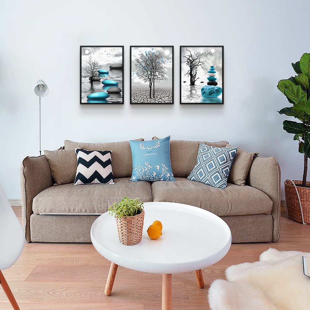 Black Framed Canvas Wall Art for Living Room Wall Decor for Bedroom Blue Abstract Wall Pictures Bathroom Black and White Paintings Office Wall Decoration Modern Home Decor 3 Piece Framed Art Prints