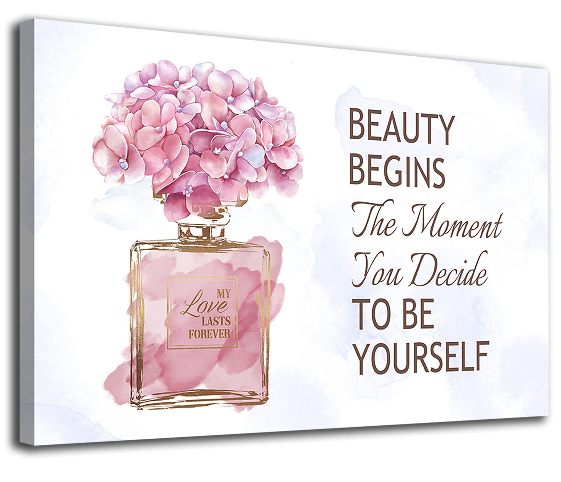 Artewoods Fashioner Perfume Canvas Wall Art Gold Bottle Pink Flower Canvas Pictures Brown Inspirational Words Canvas Prints Moti