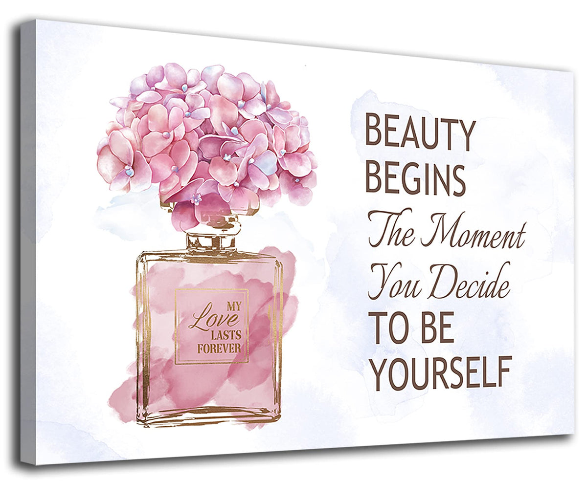 Artewoods Fashioner Perfume Canvas Wall Art Gold Bottle Pink Flower Canvas Pictures Brown Inspirational Words Canvas Prints Moti