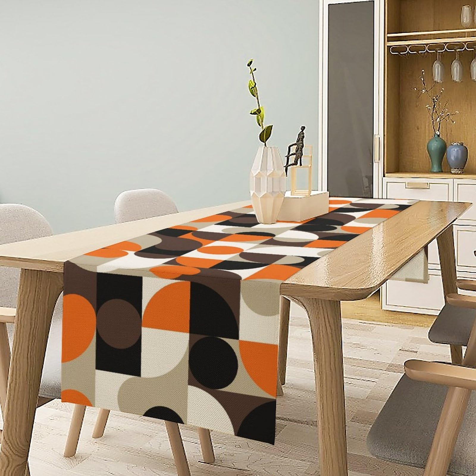 Mid Century Geometric Table Runner,Nordic Abstract Splicing Semicircle Linen Table Runners For Kitchen Family Dinner, Modern Tab