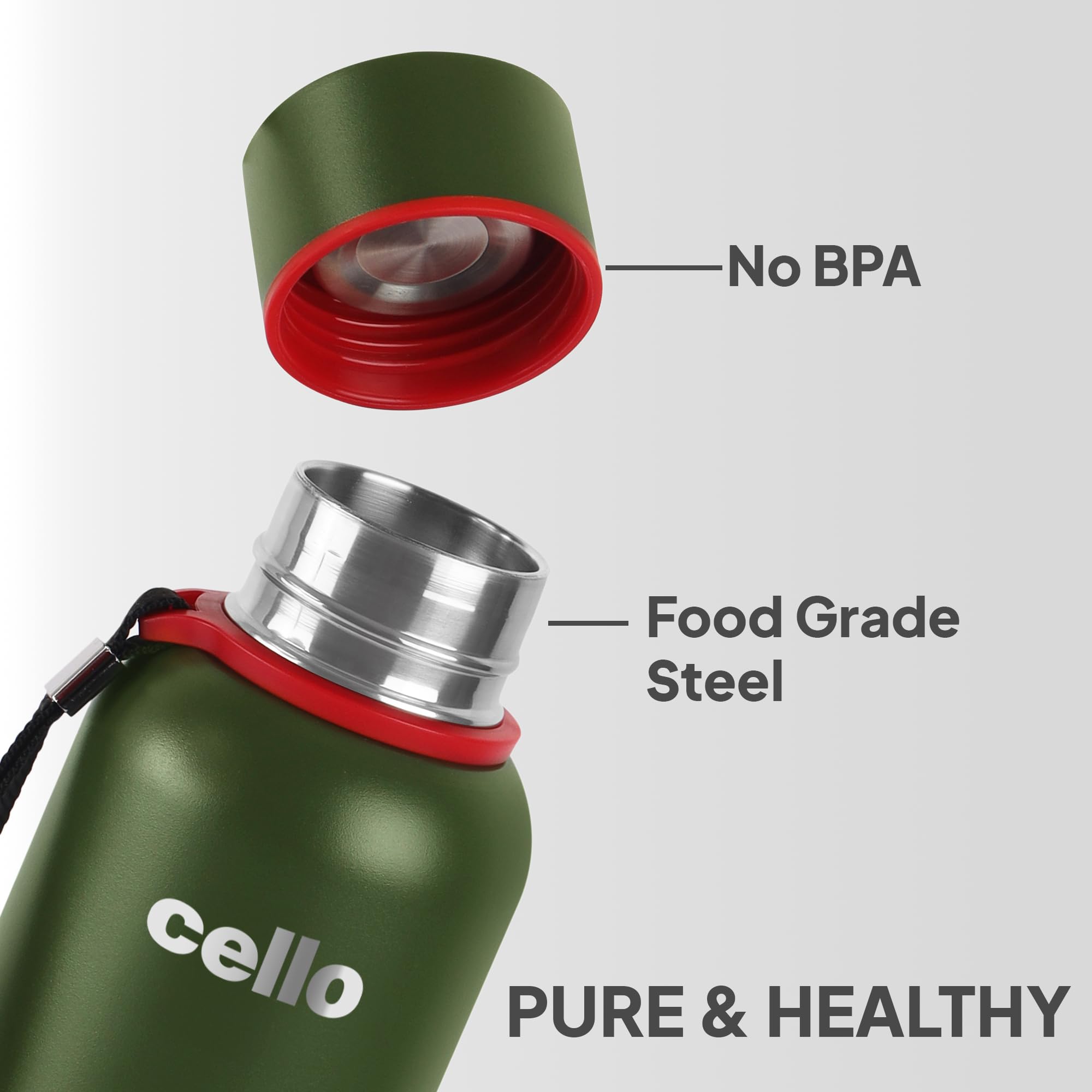 Cello Duro Kent Thermosteel Flask with DTP Coating, 900ml, Military Green | 24 Hours Hot and Cold Stainless Steel Bottle | Flask