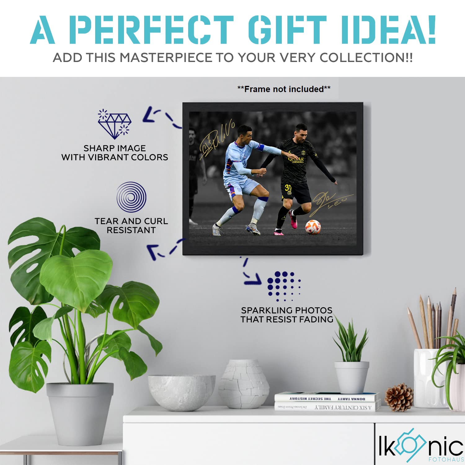 Ikonic Fotohaus Signed Lionel Messi Cristiano Ronaldo Photo Print Wall Art - 10L" x 8W", White, Paper Decor