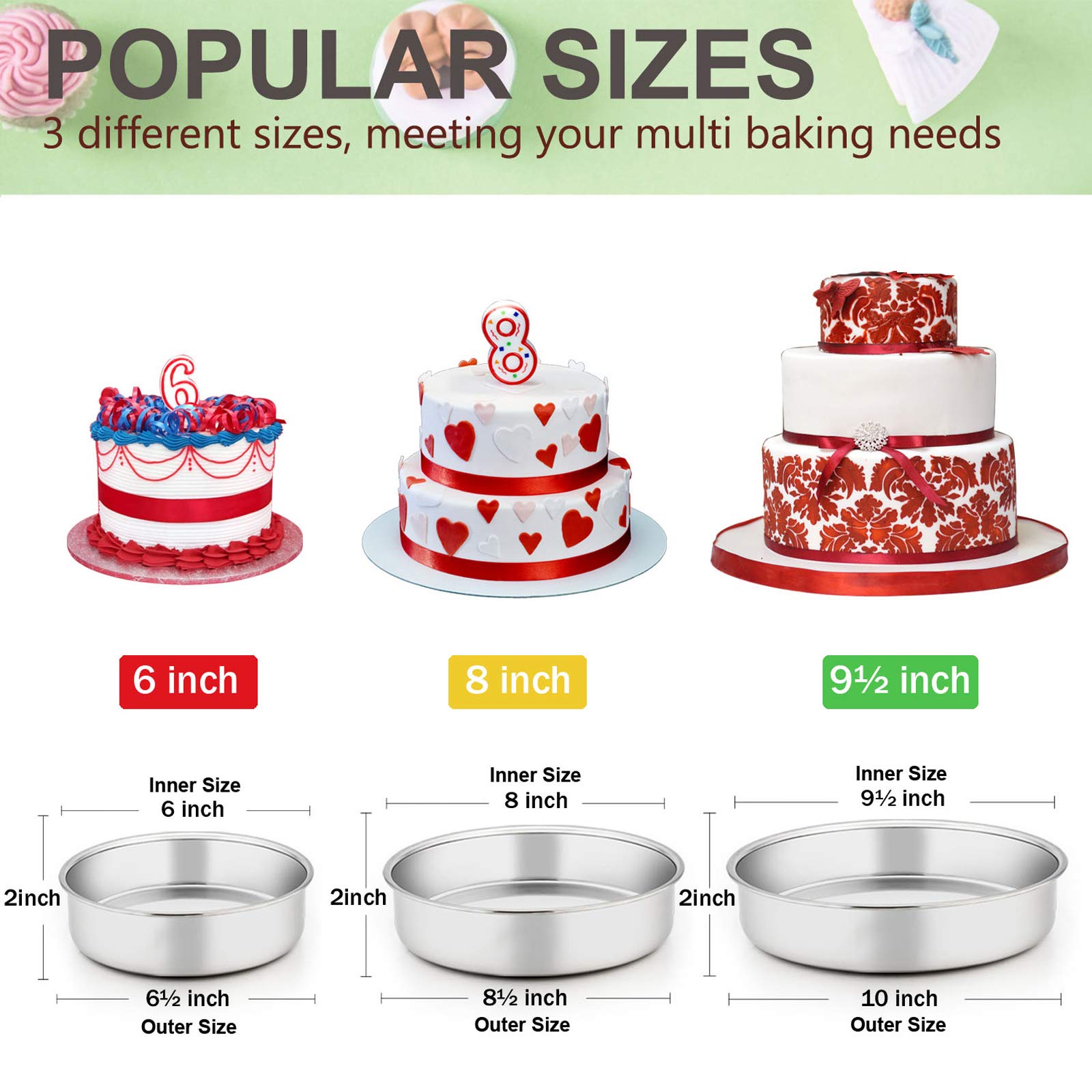 E-Far Cake Pan Set Of 3 (6 Inch/8 Inch/9 Inch), Stainless Steel Round Layer Cake Baking Pans, Perfect For Birthday Wedding Tier