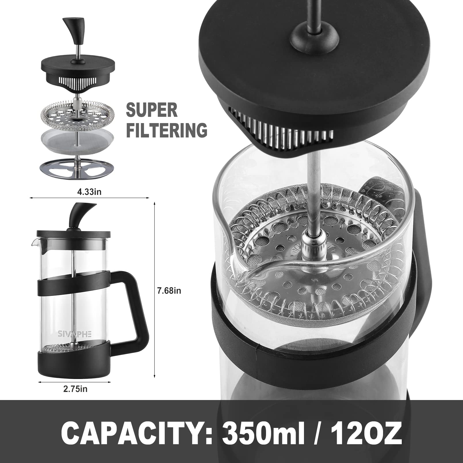 Sivaphe Small French Press 12Oz Light-Weight Durable High Borosilicate Carafe/Tea Maker Single Serve Coffee Press Frothed Brewer