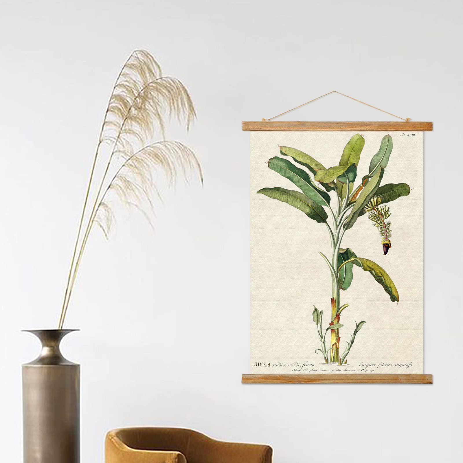 Vintage Banana Tree Poster Hanger Frame, Retro Style Of Wall Art Prints, Printed On Linen With Natural Wooden Frames, Illustrati
